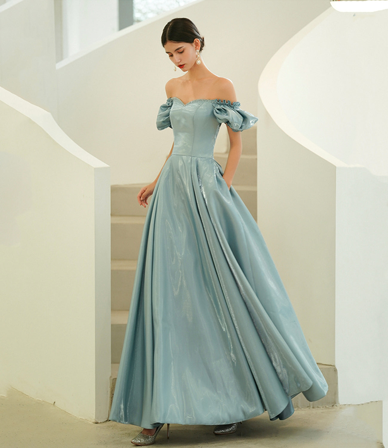 Blue satin long A line prom dress blue evening dress 10215