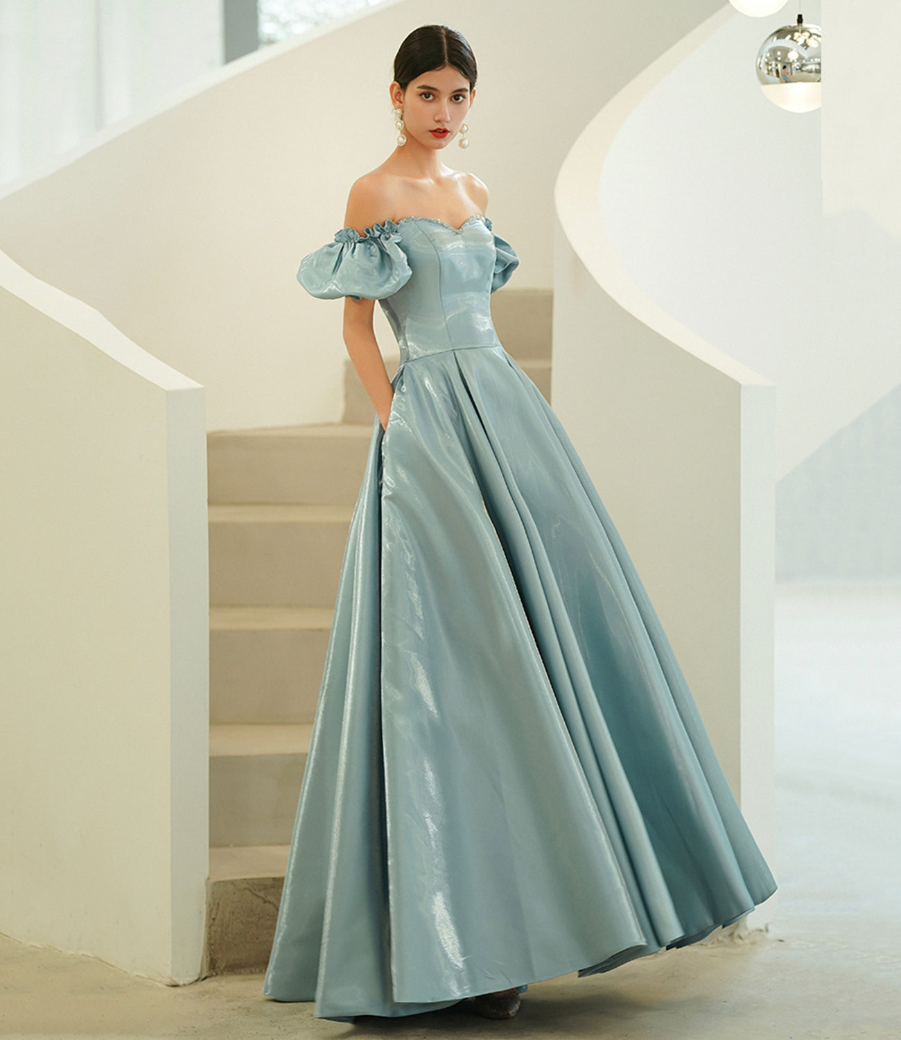 Blue satin long A line prom dress blue evening dress 10215