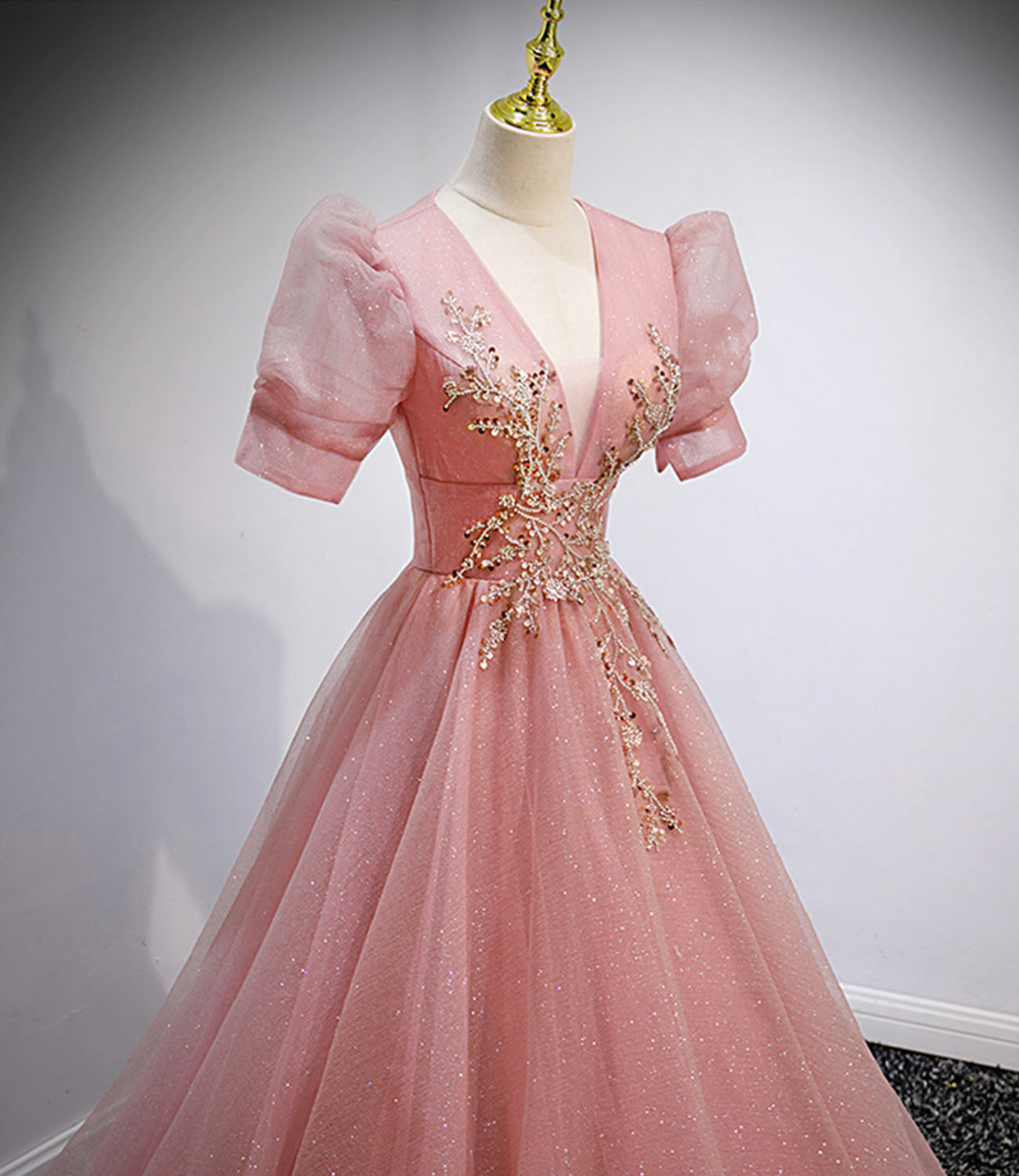Pink tulle beads long prom dress A line evening gown 10162