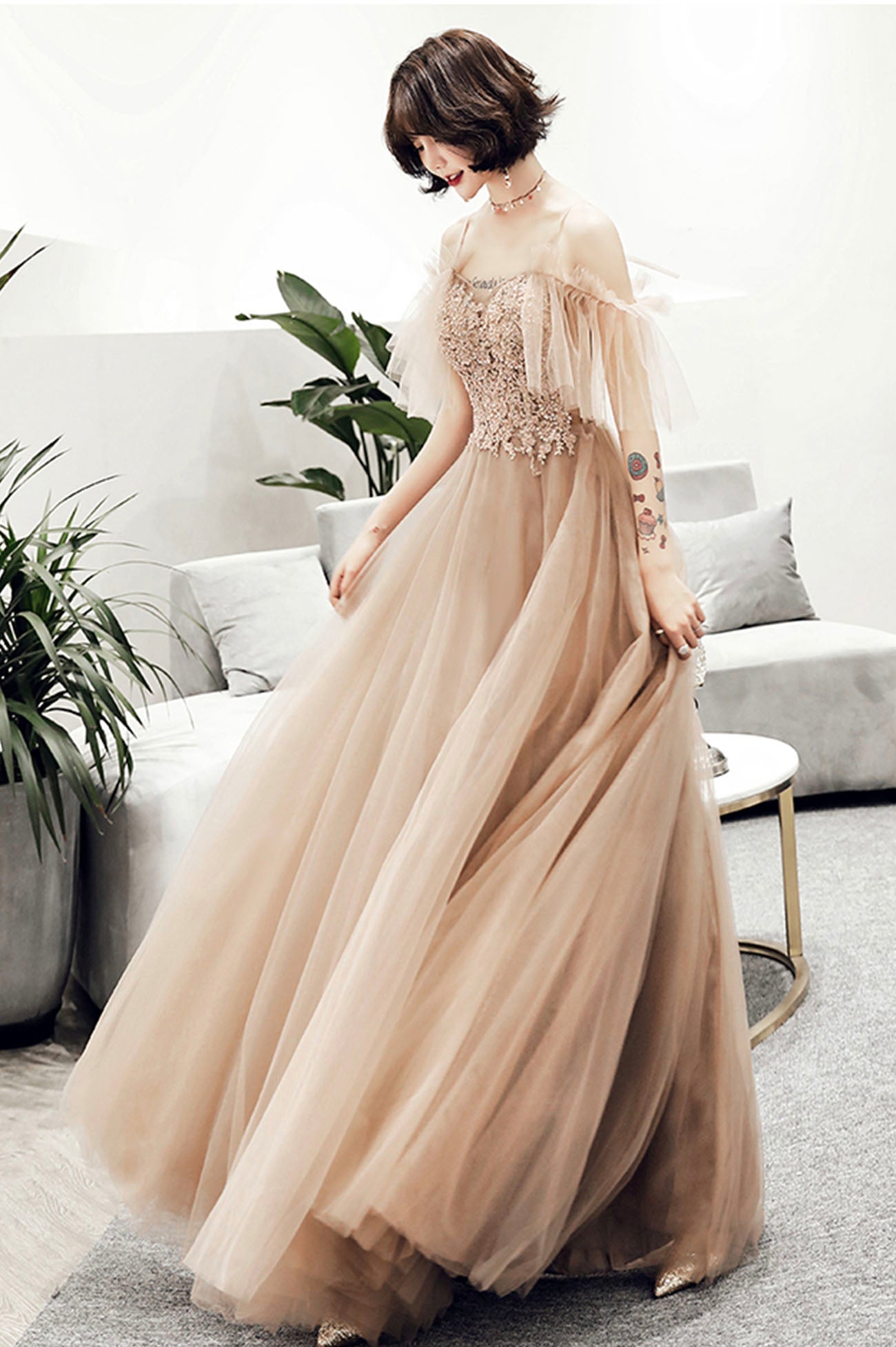 Cute tulle lace long prom dress A line evening dress 10167