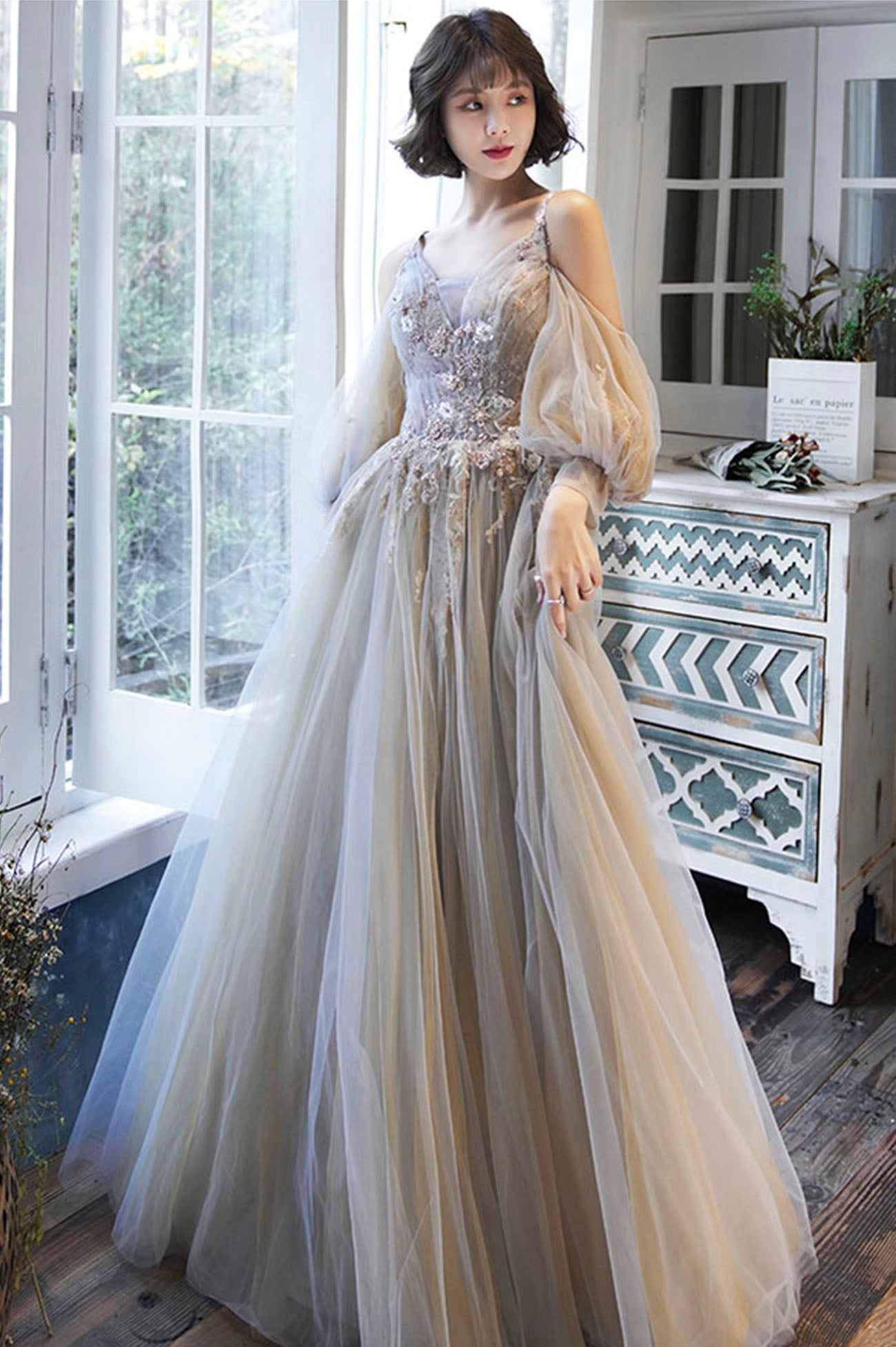 Cute tulle lace long prom dress A line evening dress 10171