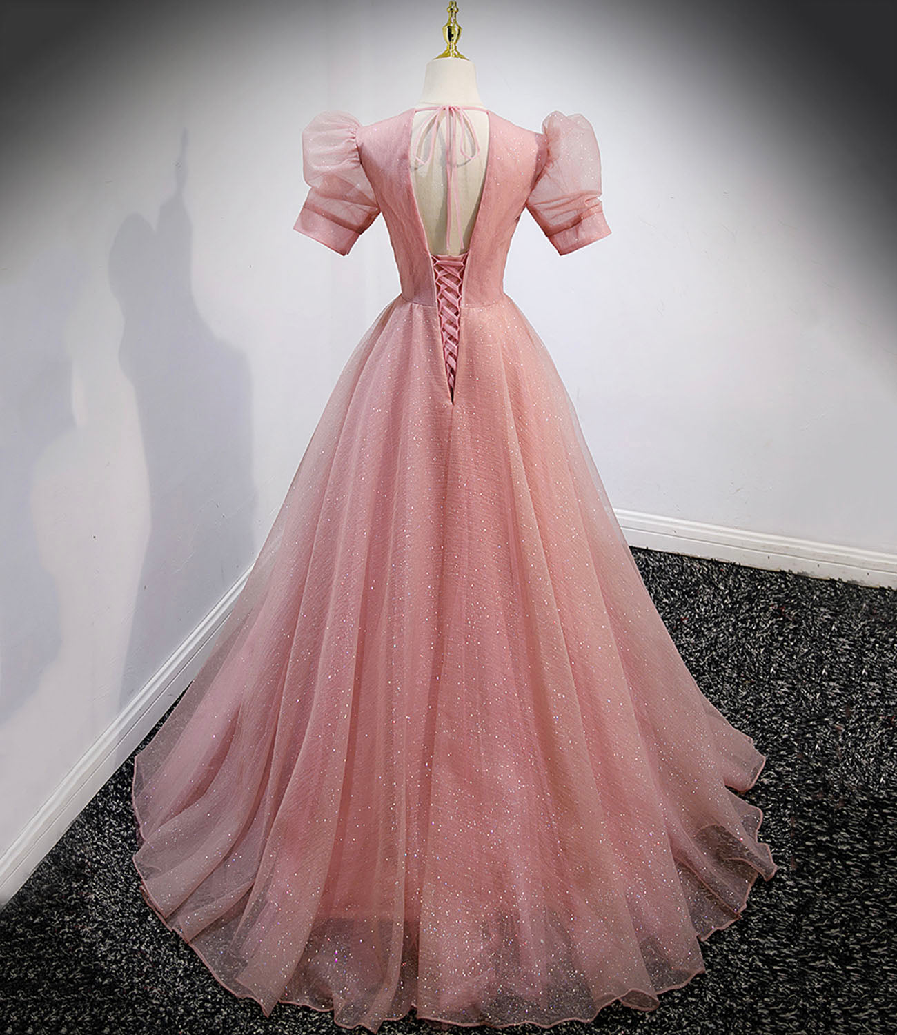 Pink tulle beads long prom dress A line evening gown 10162