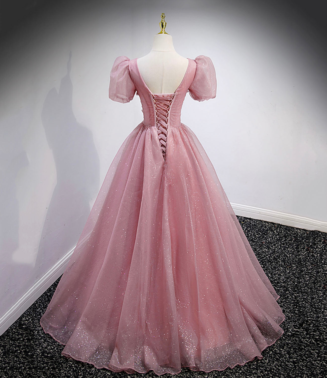 Pink tulle sequins long prom dress pink evening gown 10158