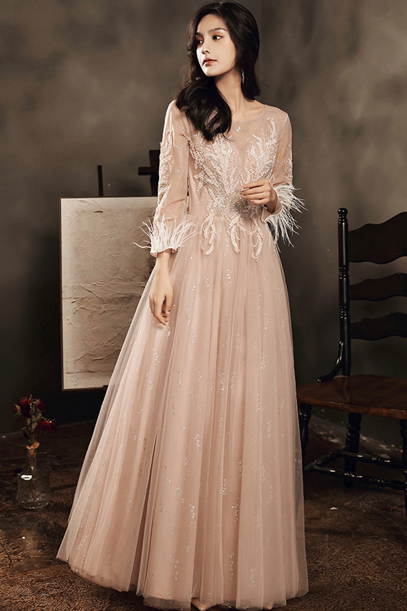 Stylish tulle lace long prom dress long sleeve evening dress 10176