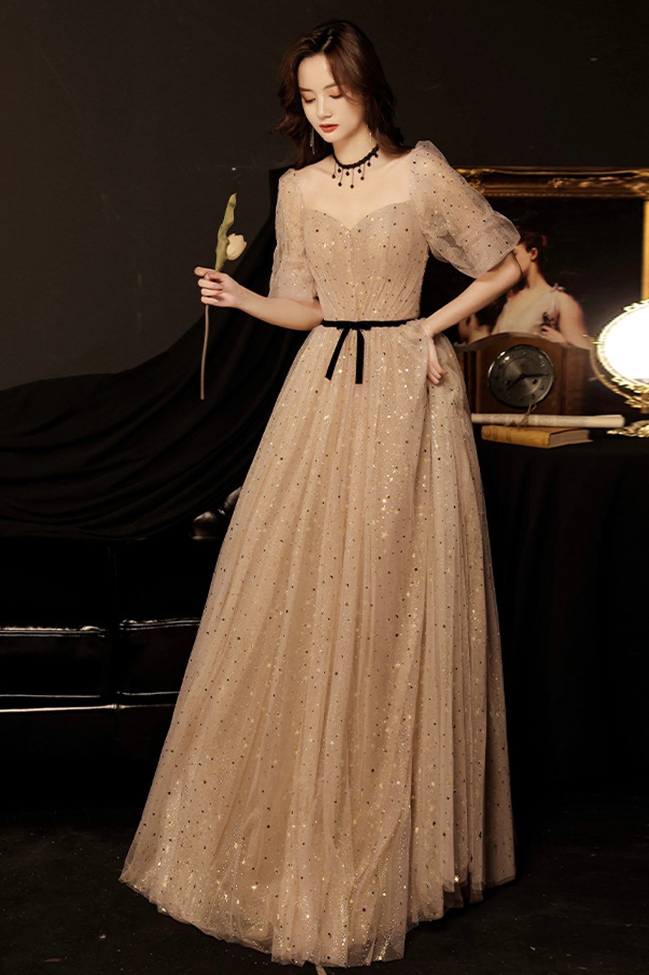 Cute tulle long prom dress A line evening gown 10177