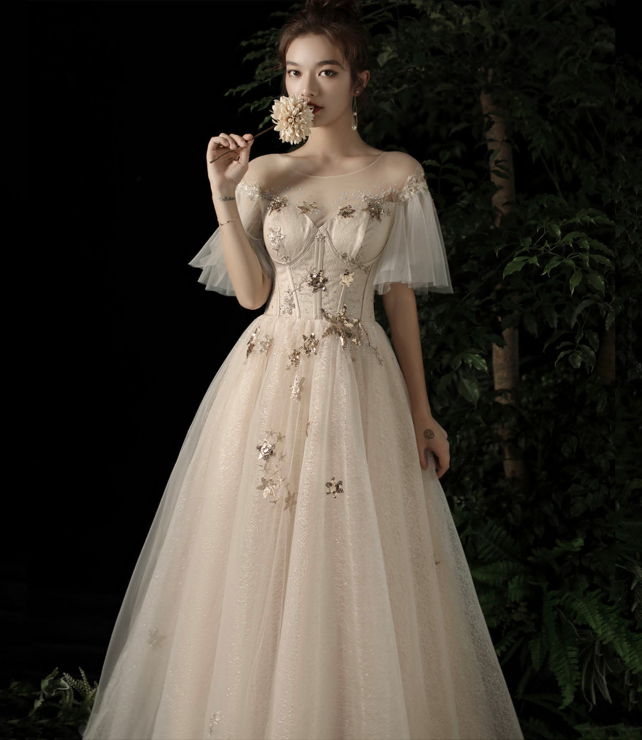 Cute tulle sequins long prom dress evening dress 10196