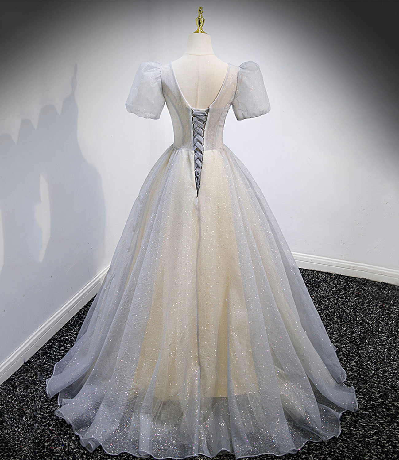Gray tulle sequins long prom dress gray evening dress 10160