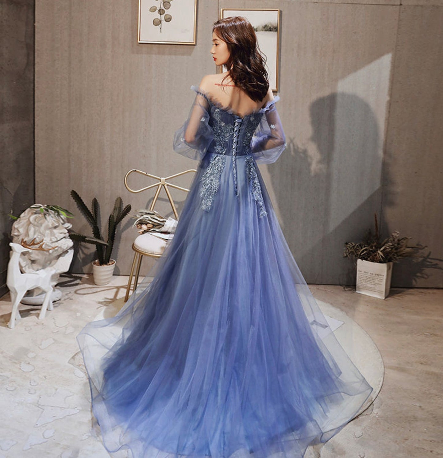 Blue tulle lace long prom dress A line evening gown 10046