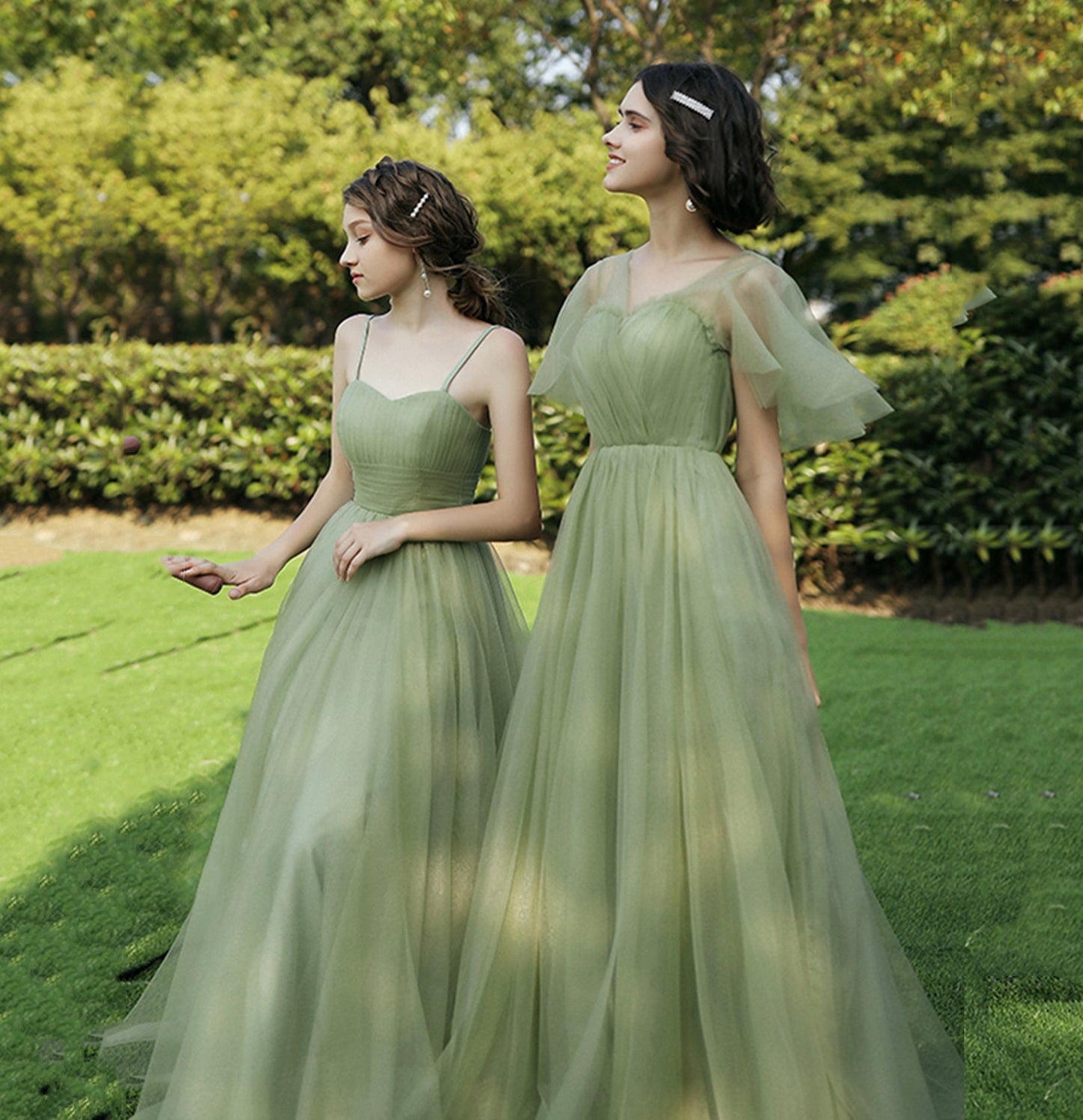 Green tulle long A line prom dress bridesmaid dress 10048