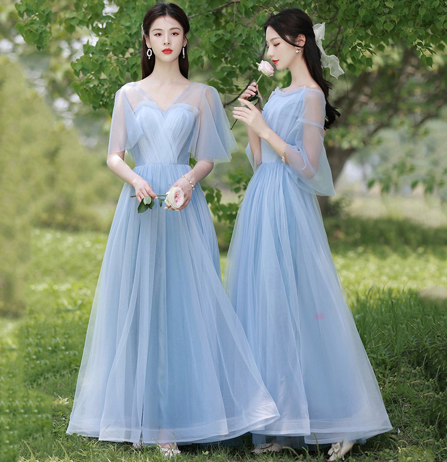 Blue tulle long A line prom dress bridesmaid dress 10047