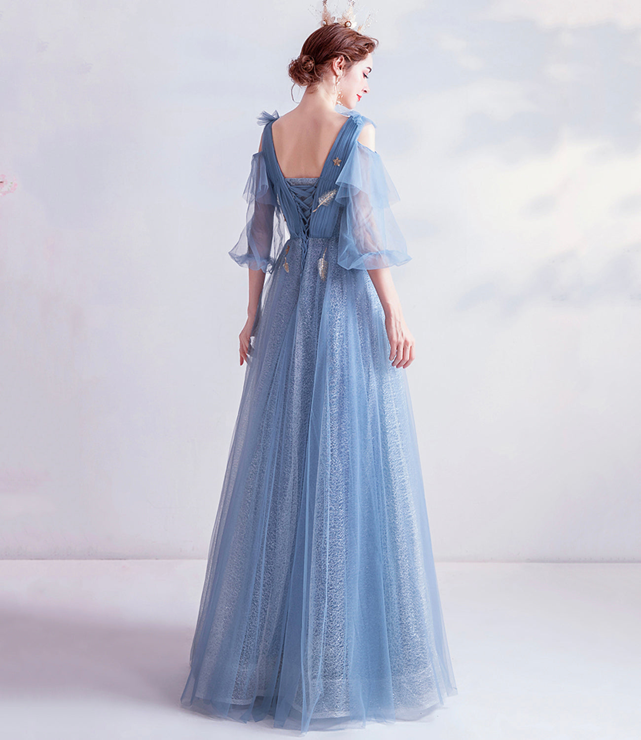 Blue v neck tulle long prom dress A line evening dress 10144