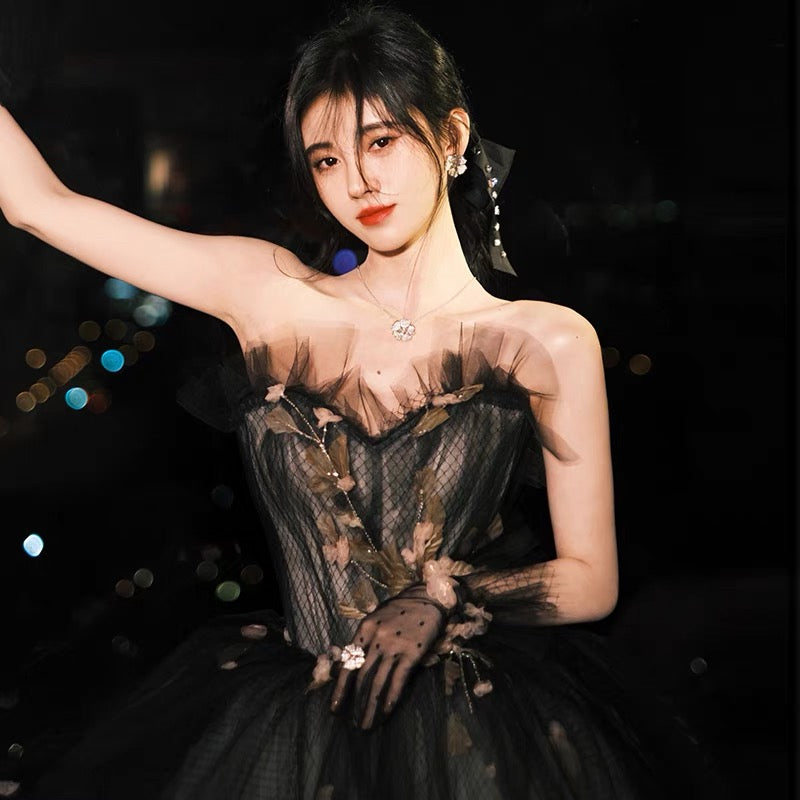 Black tulle long ball gown dress A line evening gown 10133