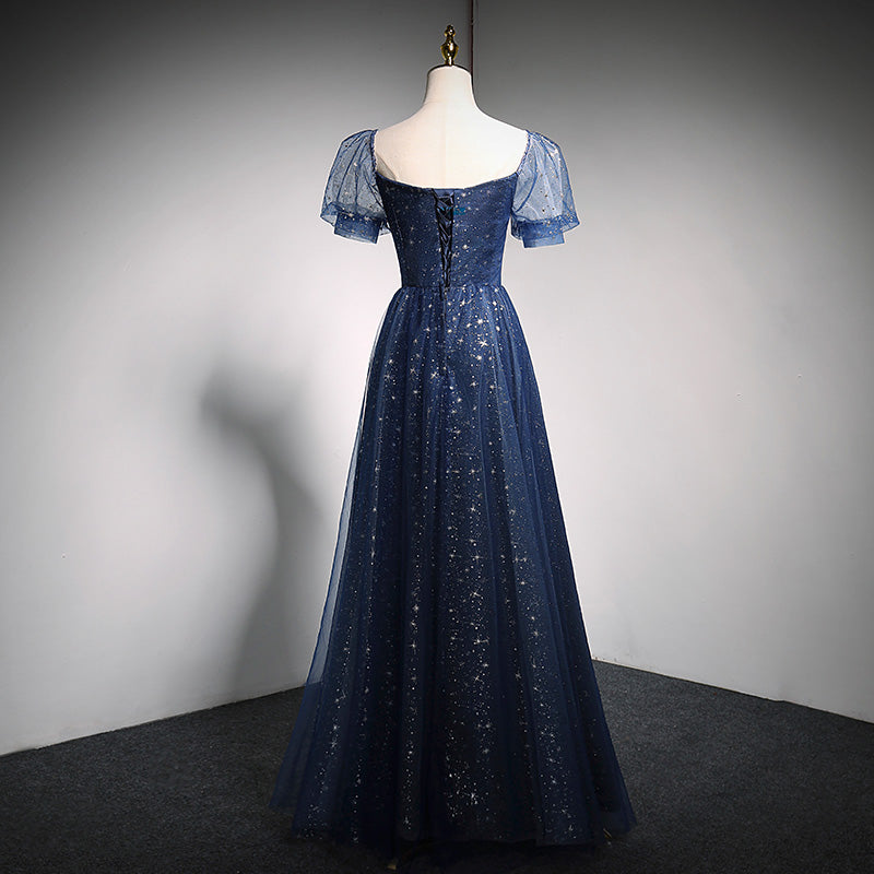 Blue tulle long A line prom dress blue evening dress 10018