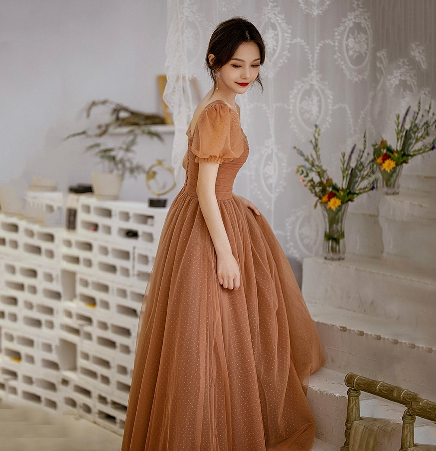Cute tulle long prom dress A line evening gown 10128