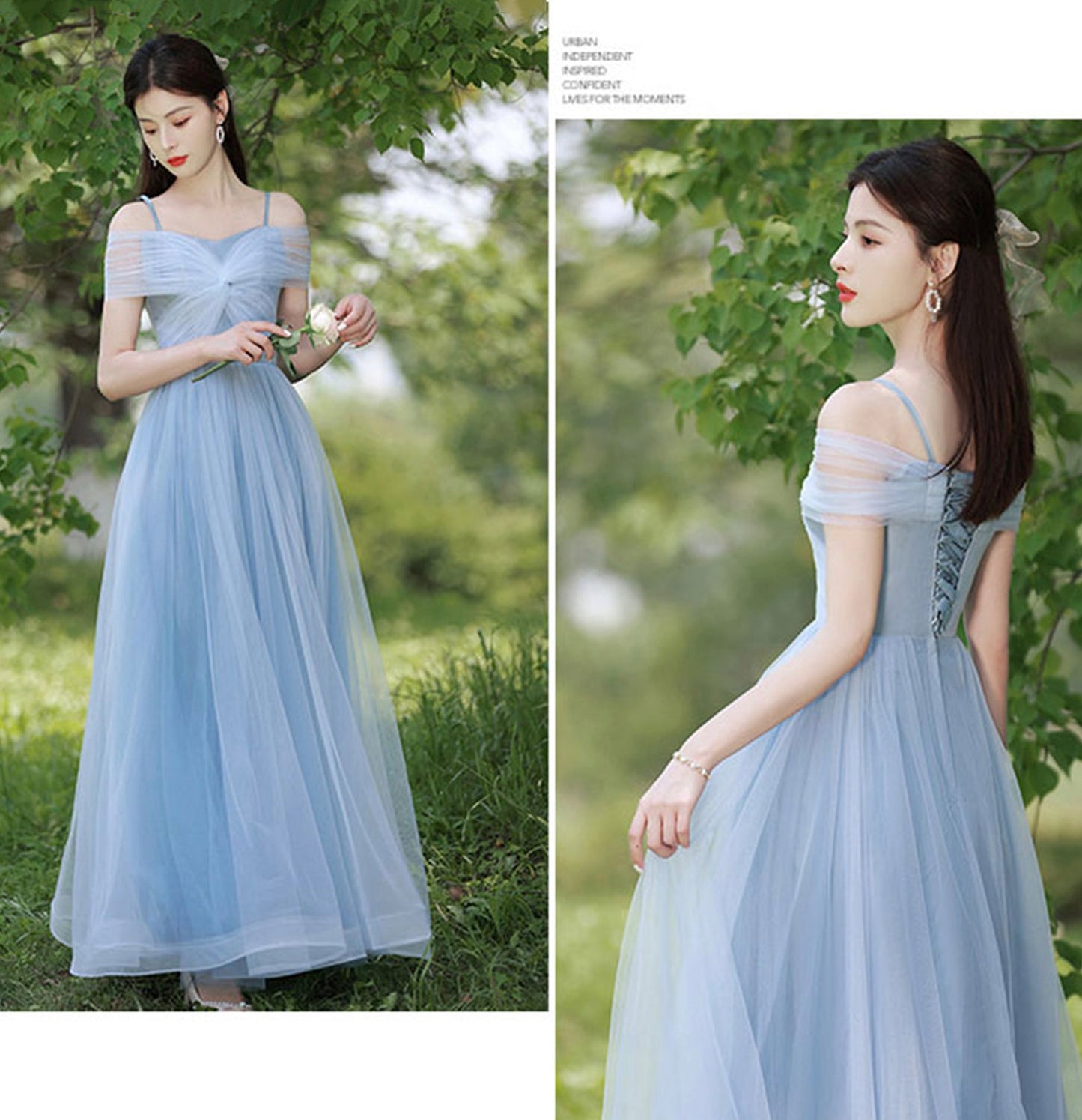 Blue tulle long A line prom dress bridesmaid dress 10047