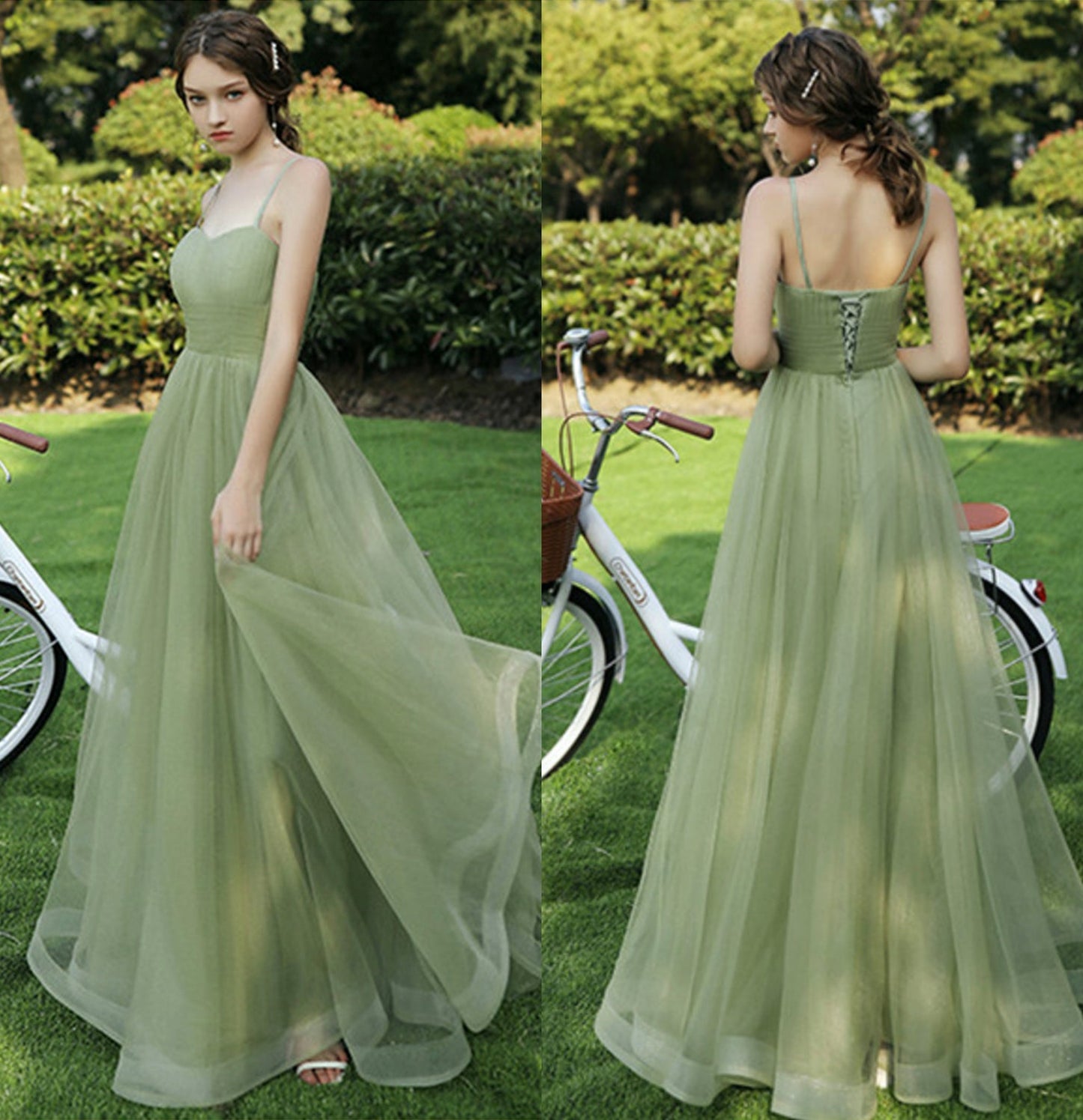 Green tulle long A line prom dress bridesmaid dress 10048
