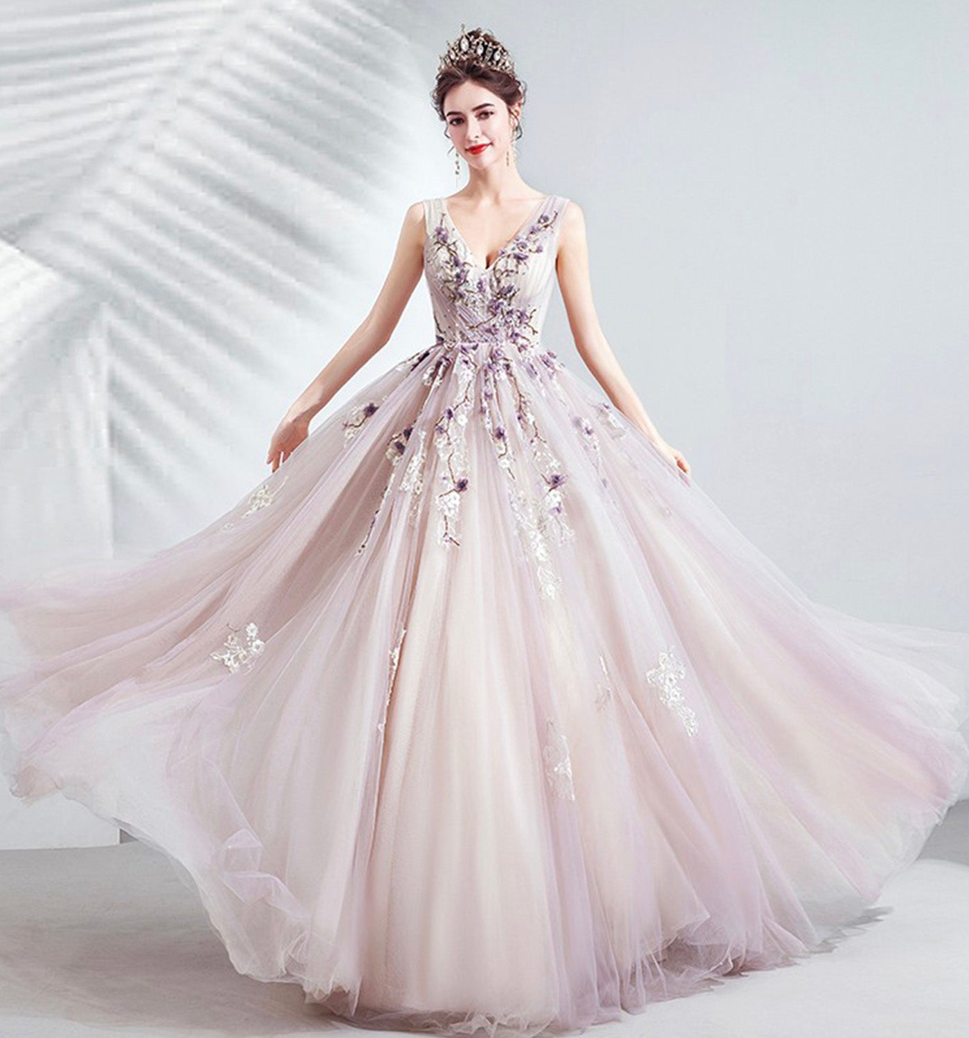 Purple tulle long A line prom dress evening gown 10073