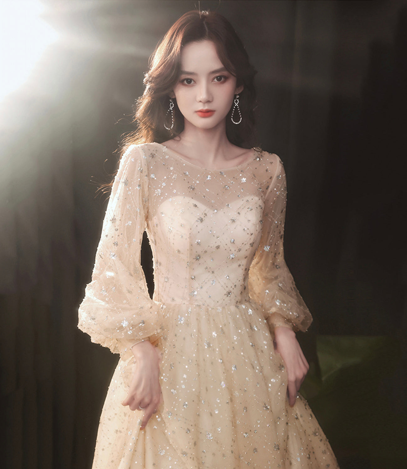 Stylish tulle sequins prom dress long sleeve evening dress 10028