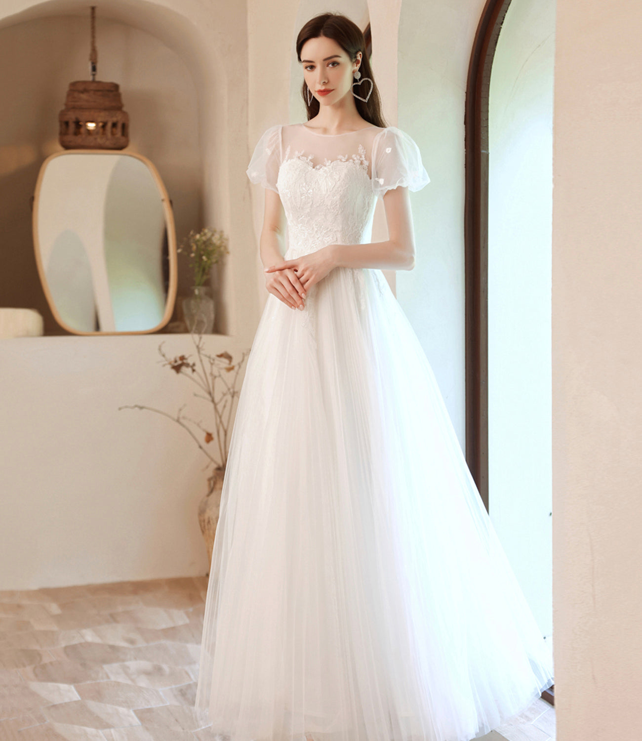 White tulle lace long prom dress A line evening gown 10057