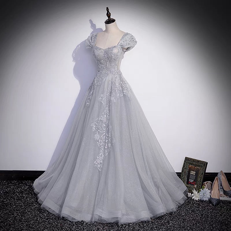 Gray tulle lace long prom dress A line evenig gown 10081