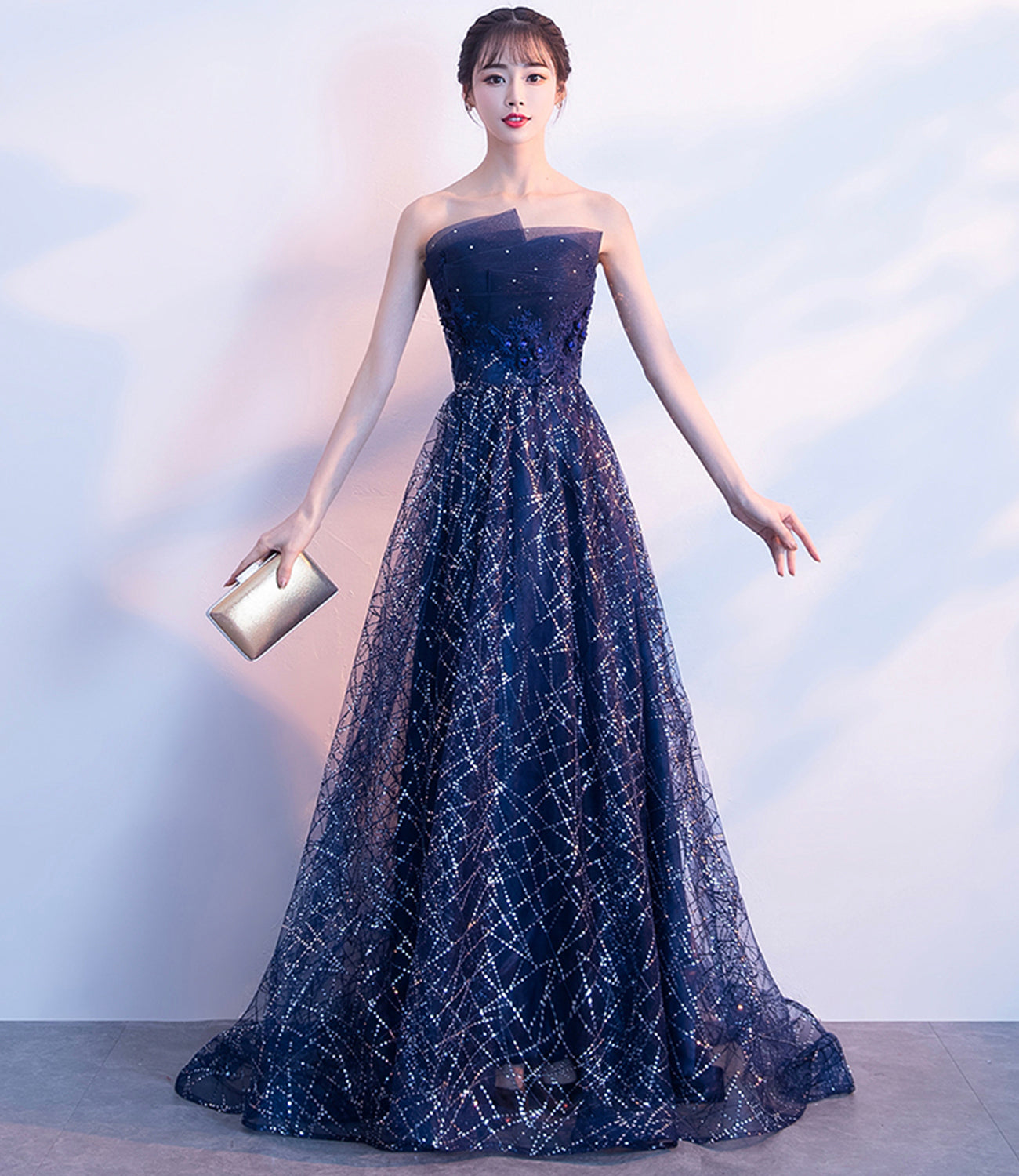 Blue tulle sequins long prom dress A line evening gown 10027