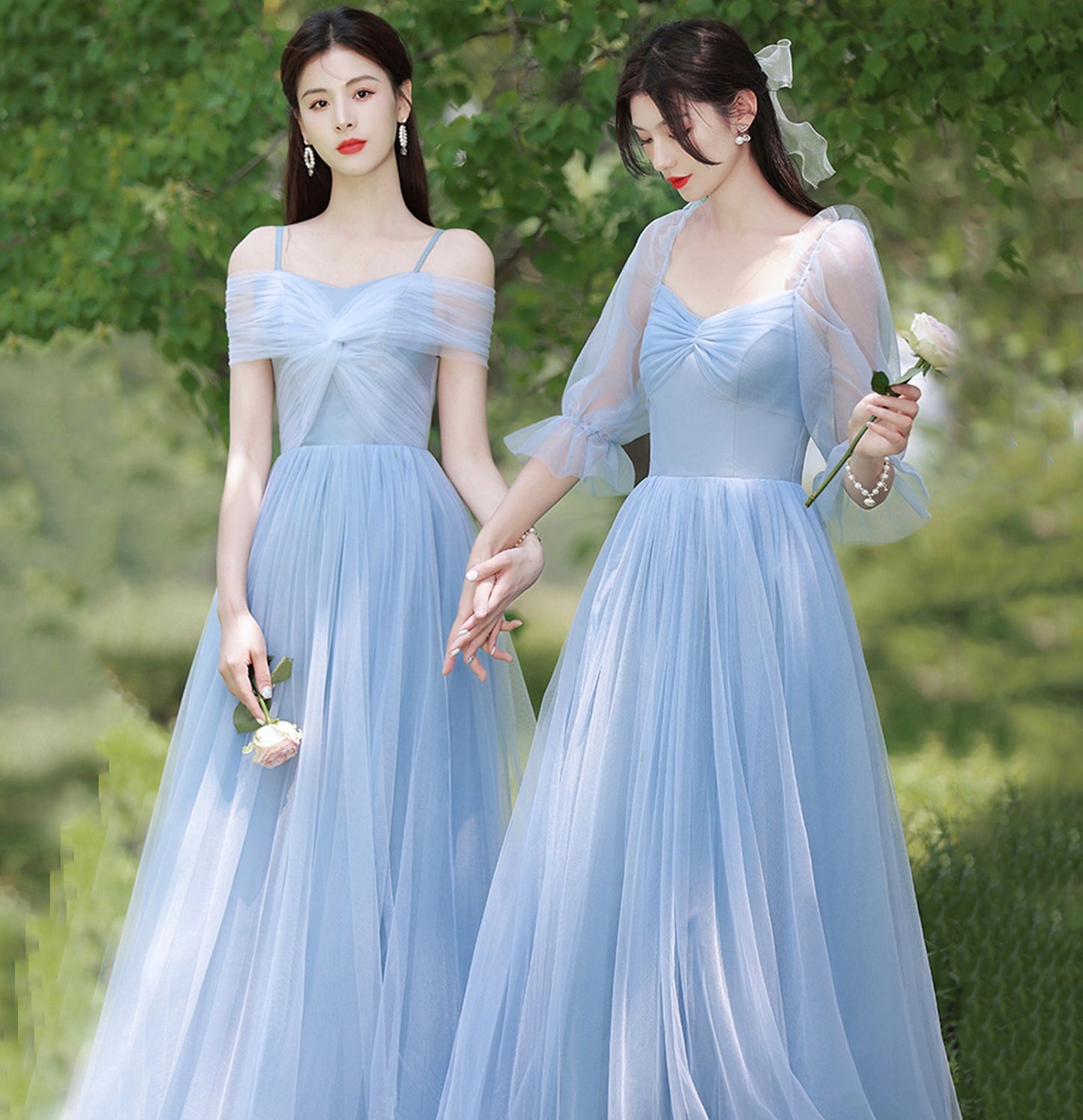 Blue tulle long A line prom dress bridesmaid dress 10047