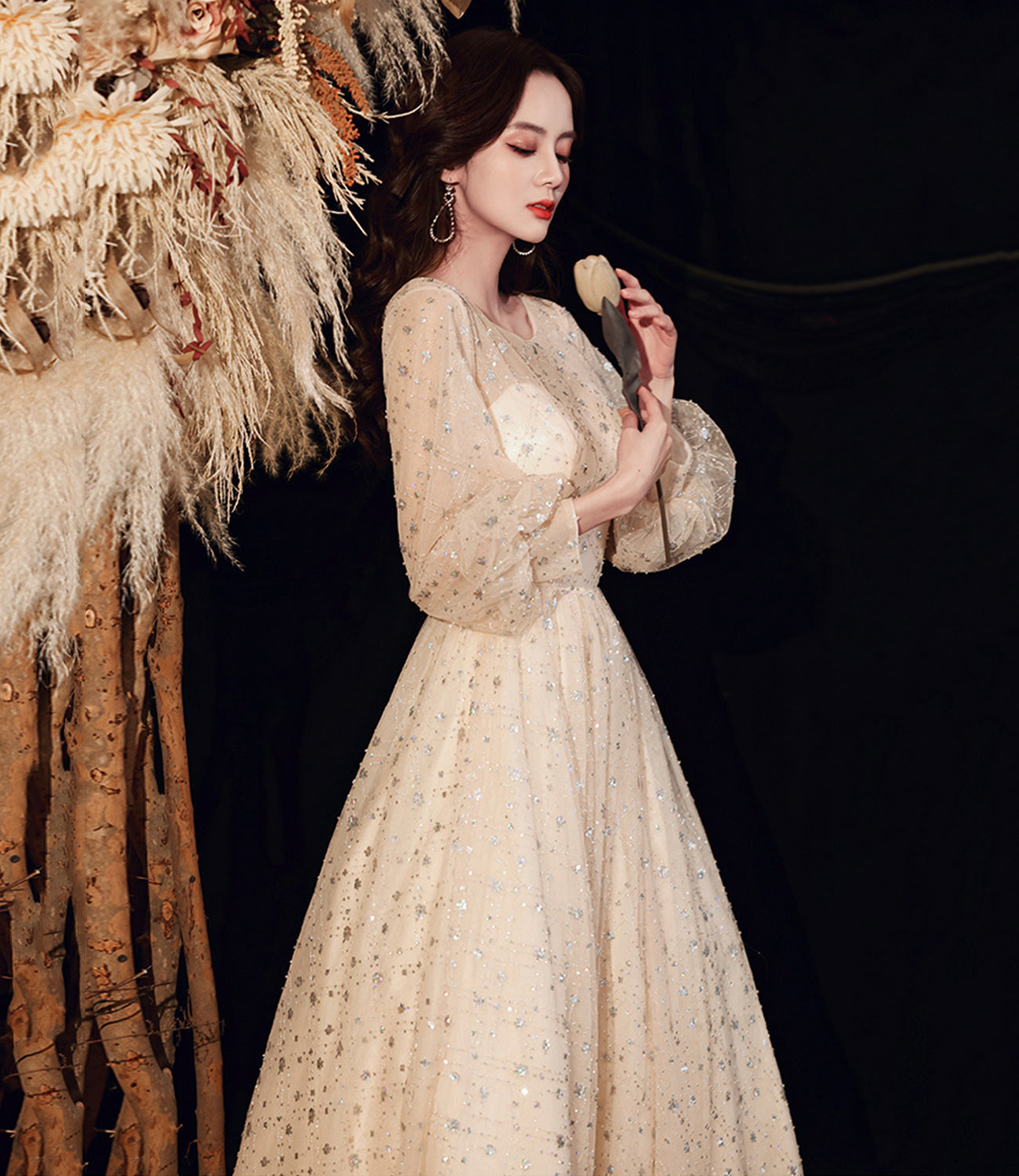 Stylish tulle sequins prom dress long sleeve evening dress 10028