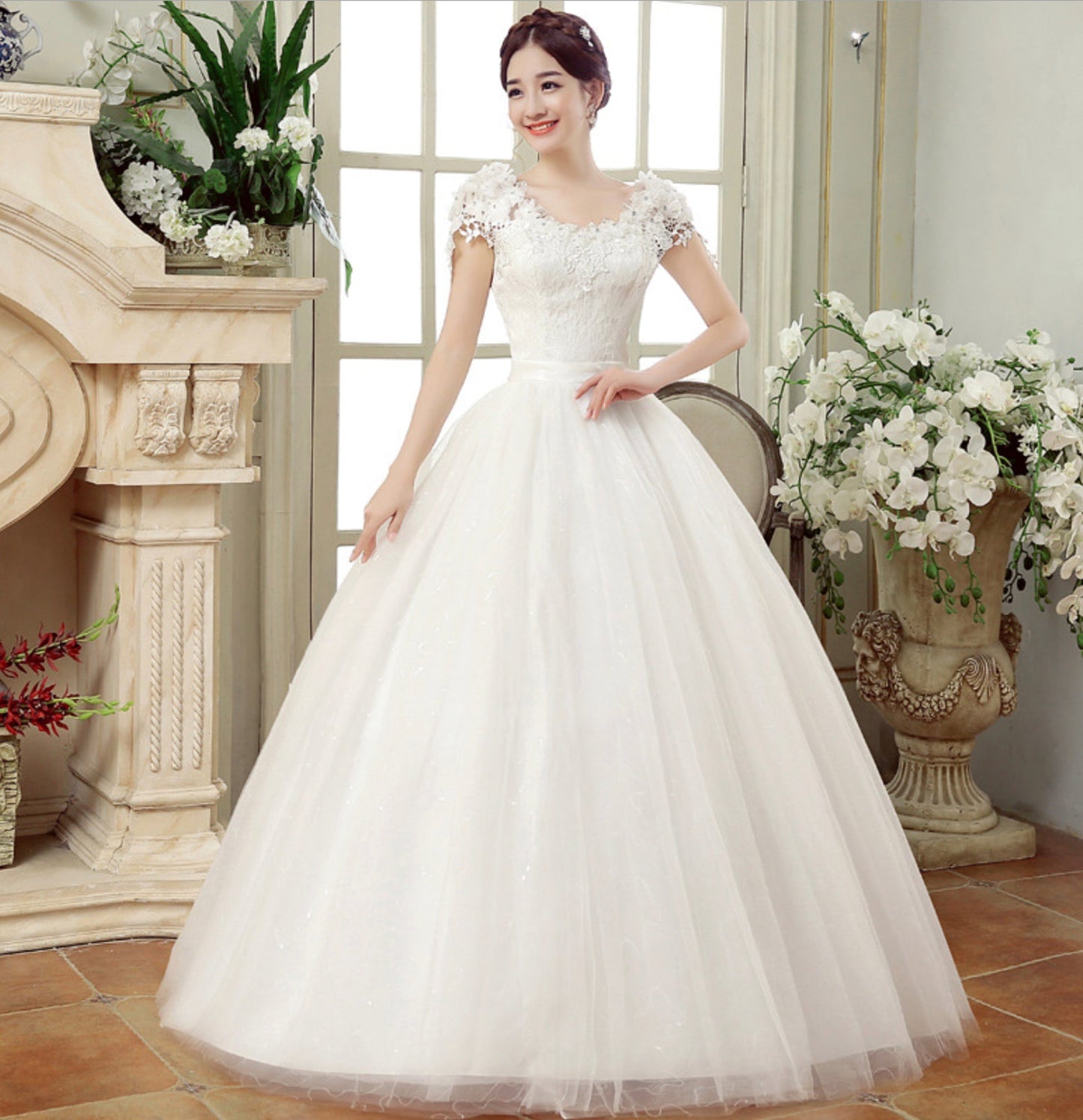 White tulle lace long prom gown wedding dress 10034