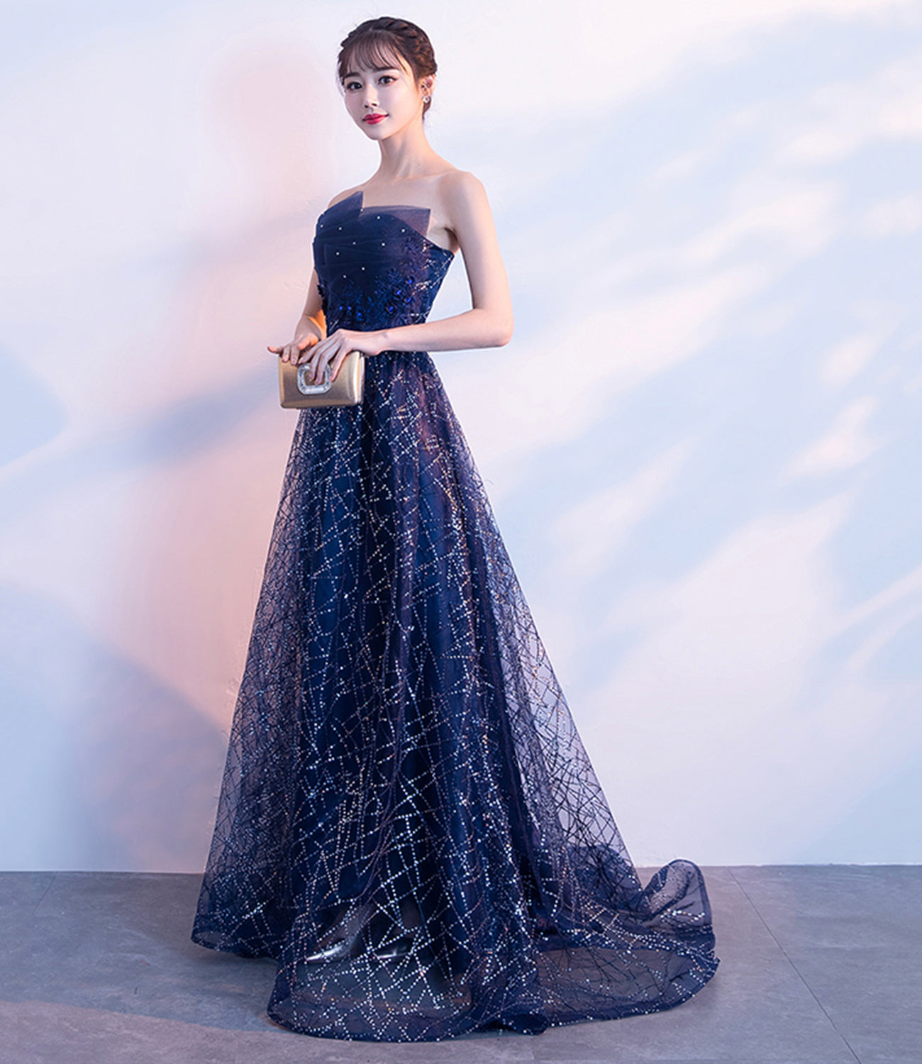 Blue tulle sequins long prom dress A line evening gown 10027