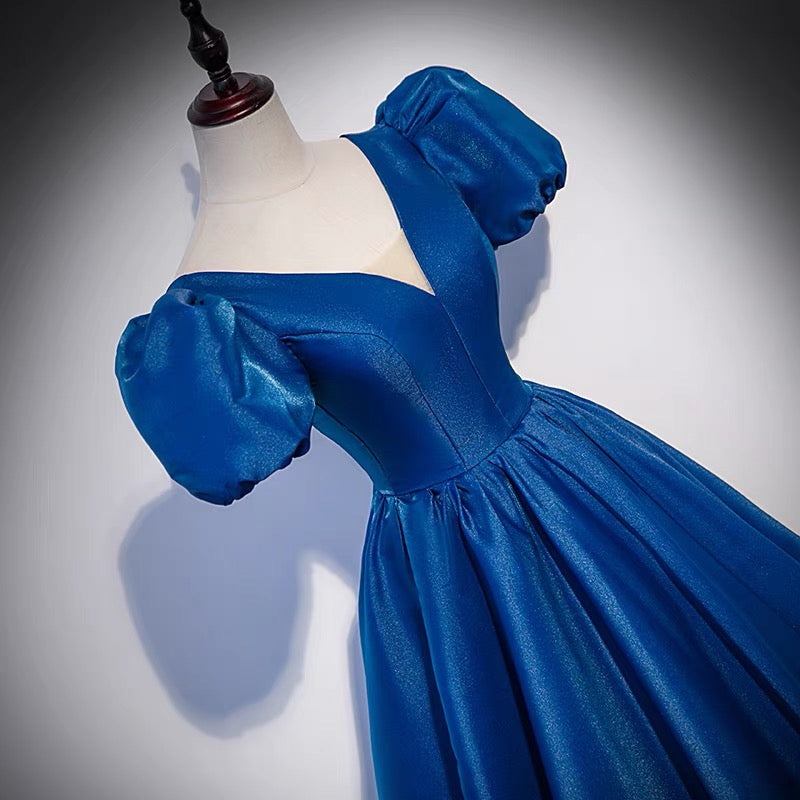 Blue saitn long prom dress A line evening gown 10102