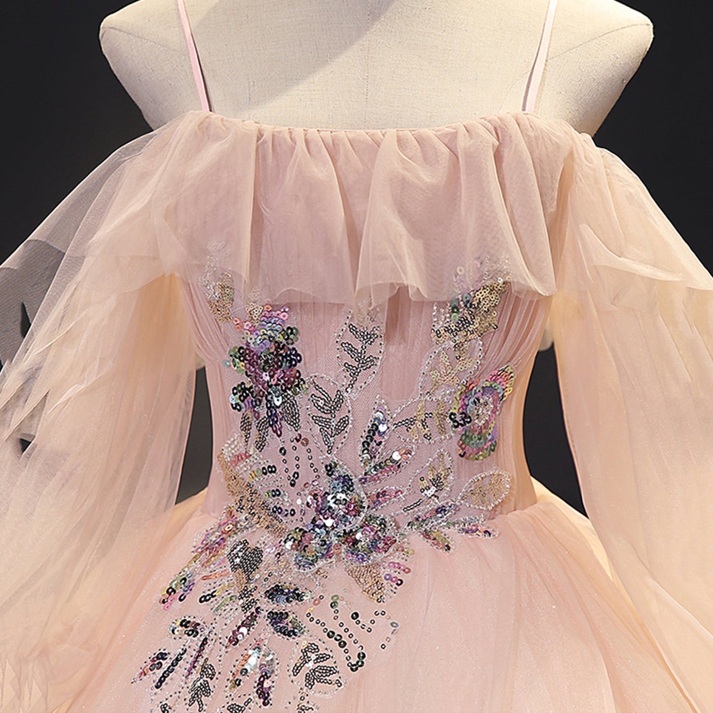 Pink tulle sequins long ball gown dress evening gown 10093