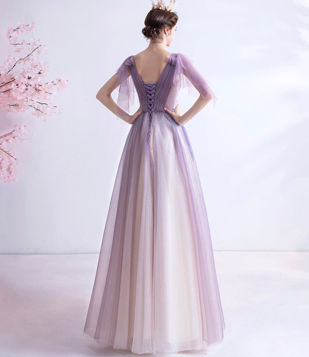 Purple v neck tulle long prom dress A line evening gown 10130