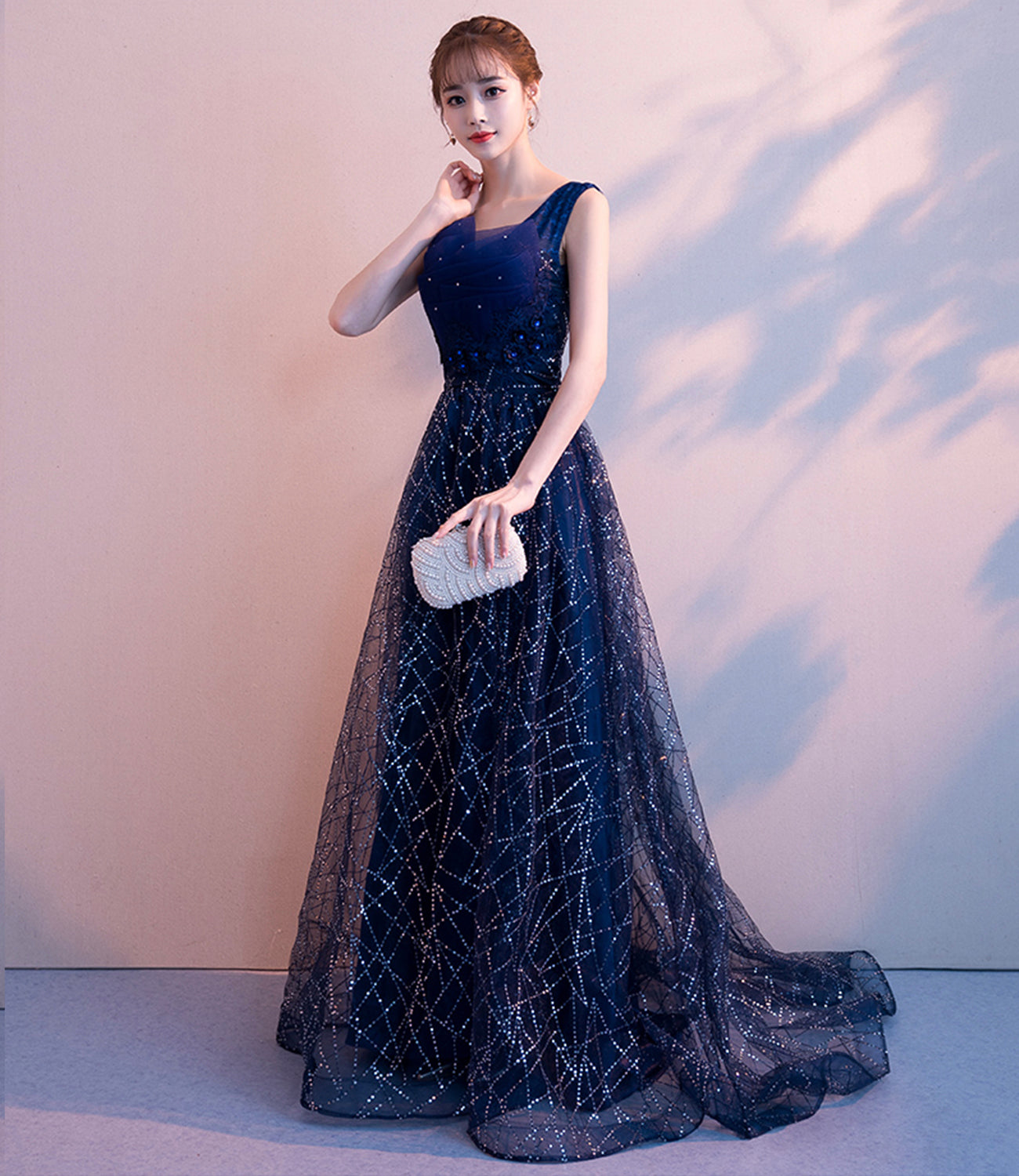 Blue v neck tulle sequins long prom dress blue evening gown 10026