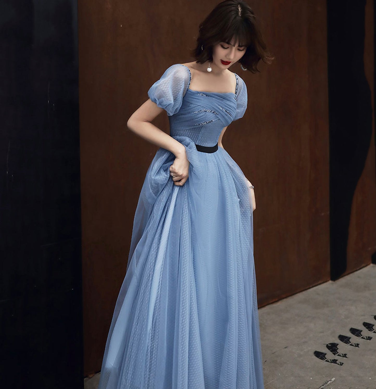 Blue tulle long prom dress blue evening dress 10054