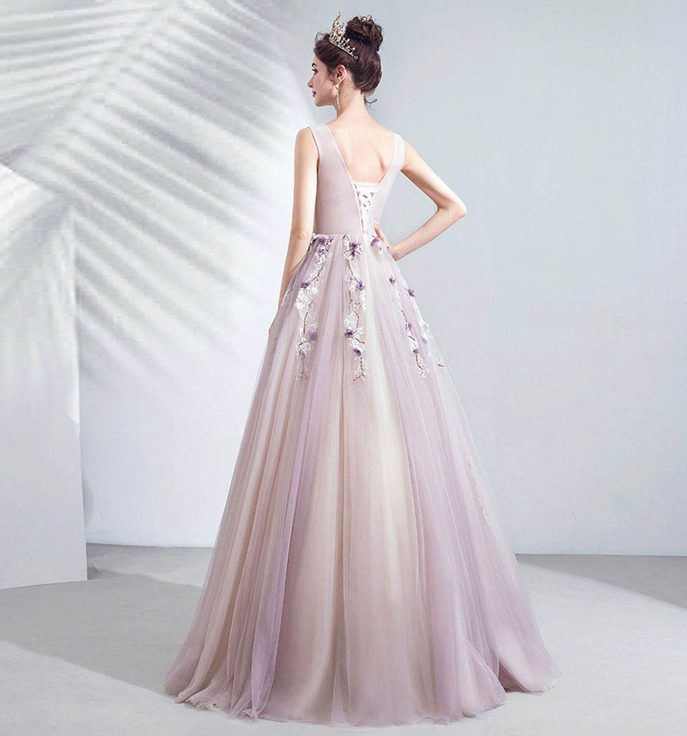Purple tulle long A line prom dress evening gown 10073