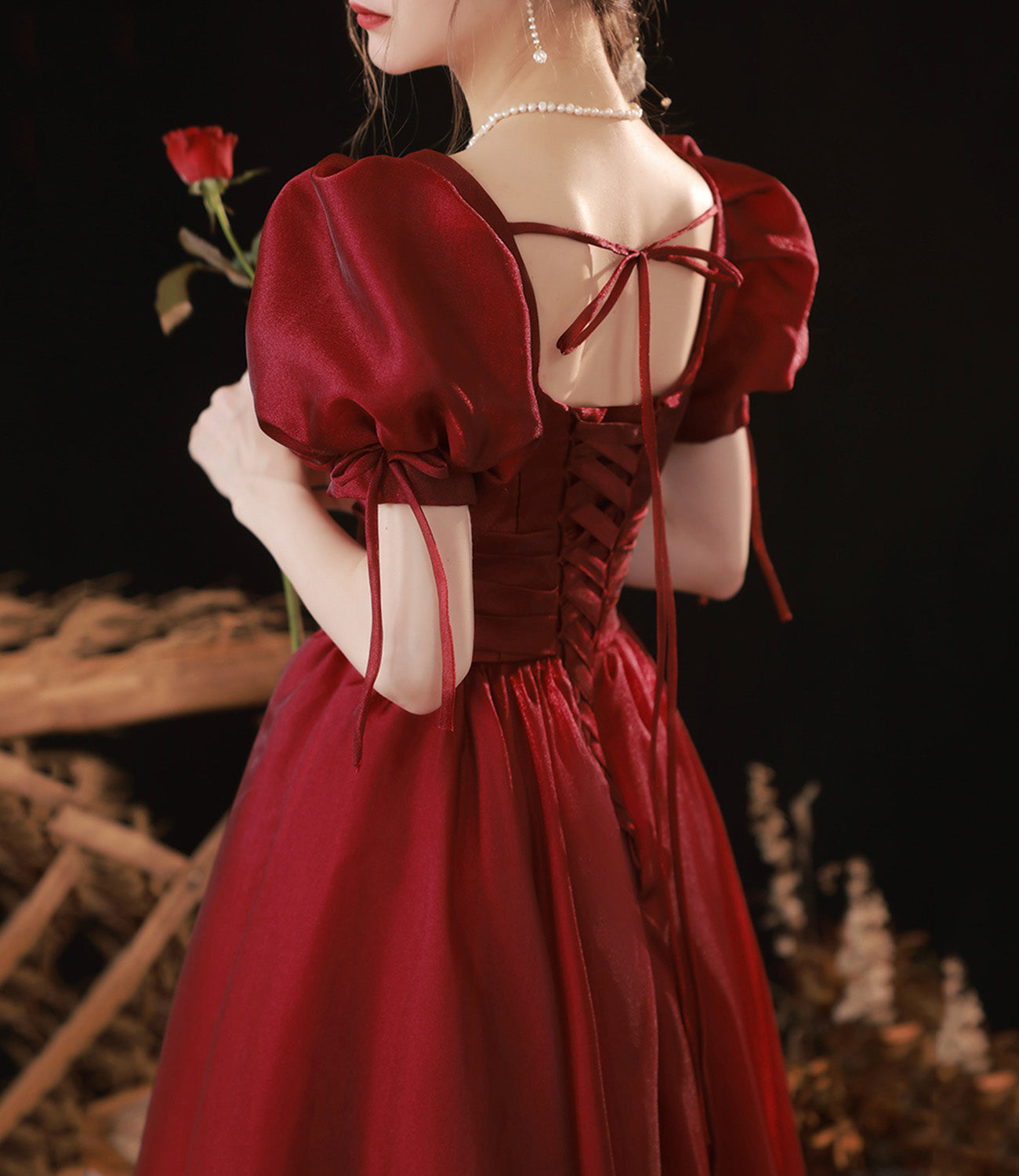 Burgundy v neck long prom dress A line evening gown 10078