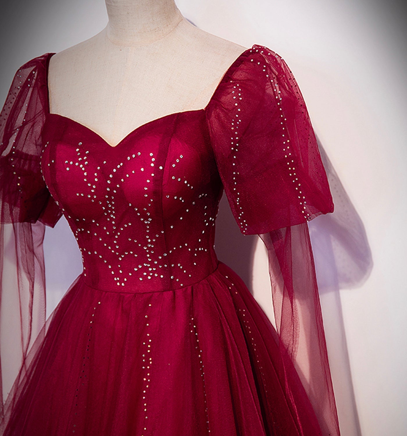 Burgundy tulle beads long prom dress evening gown 10005