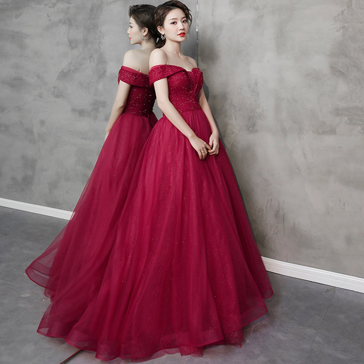 Burgundy tulle beads long prom dress A line evening dress 8997