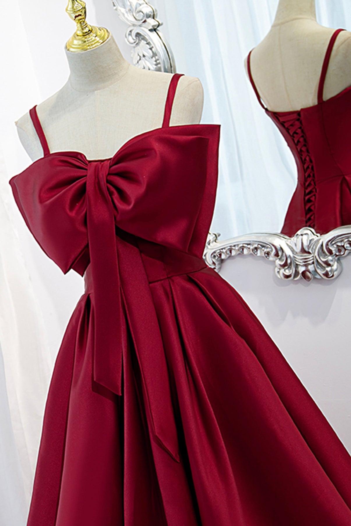 Burgundy satin long A line prom dress evening dress 8825