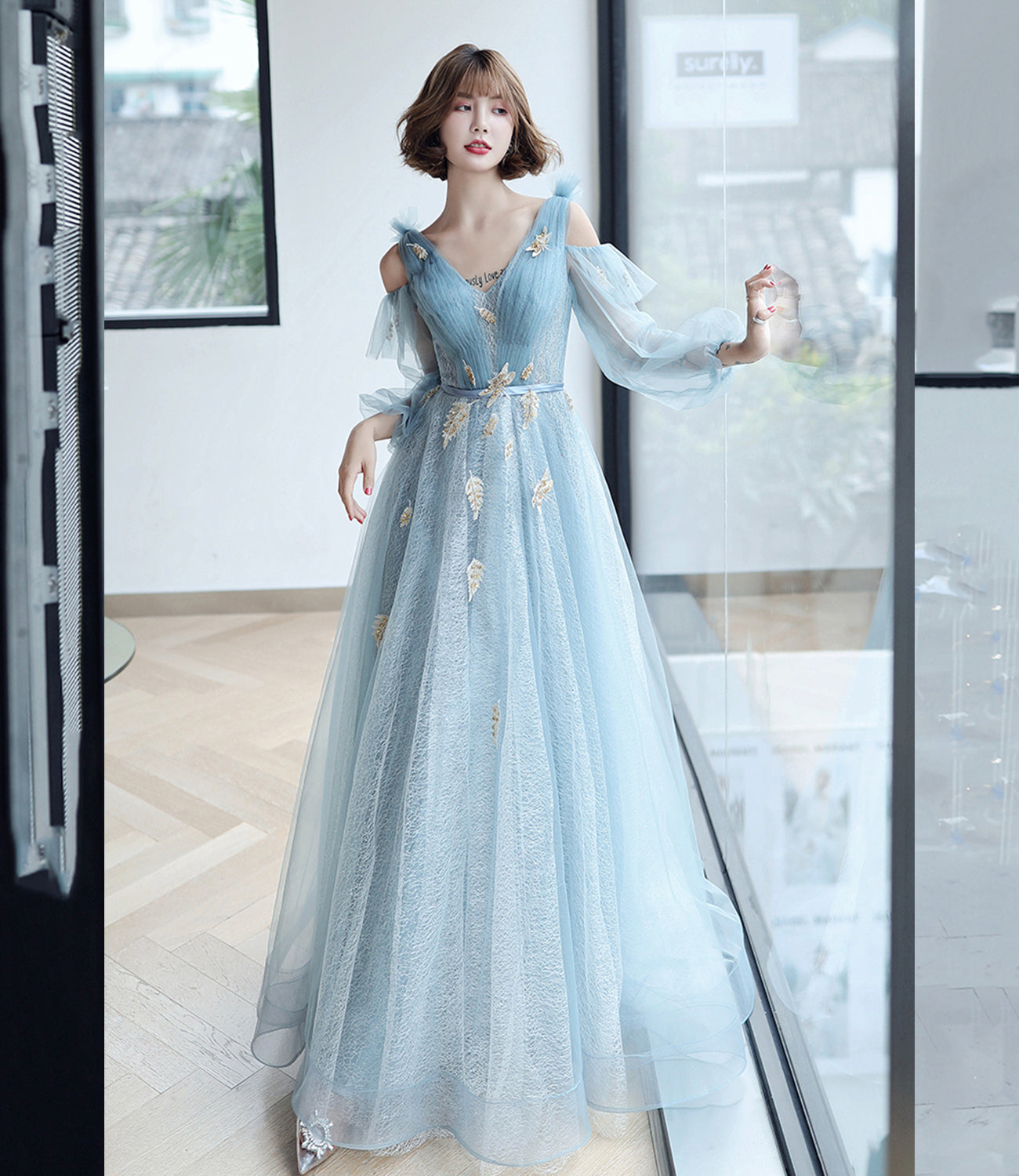 Blue tulle lace long A line prom dress evening dress 8827