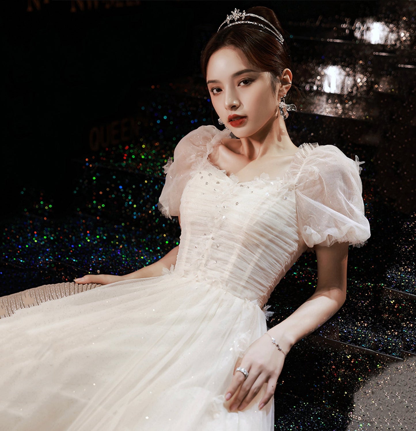 White tulle sequins long prom dress A line evening gown 10035
