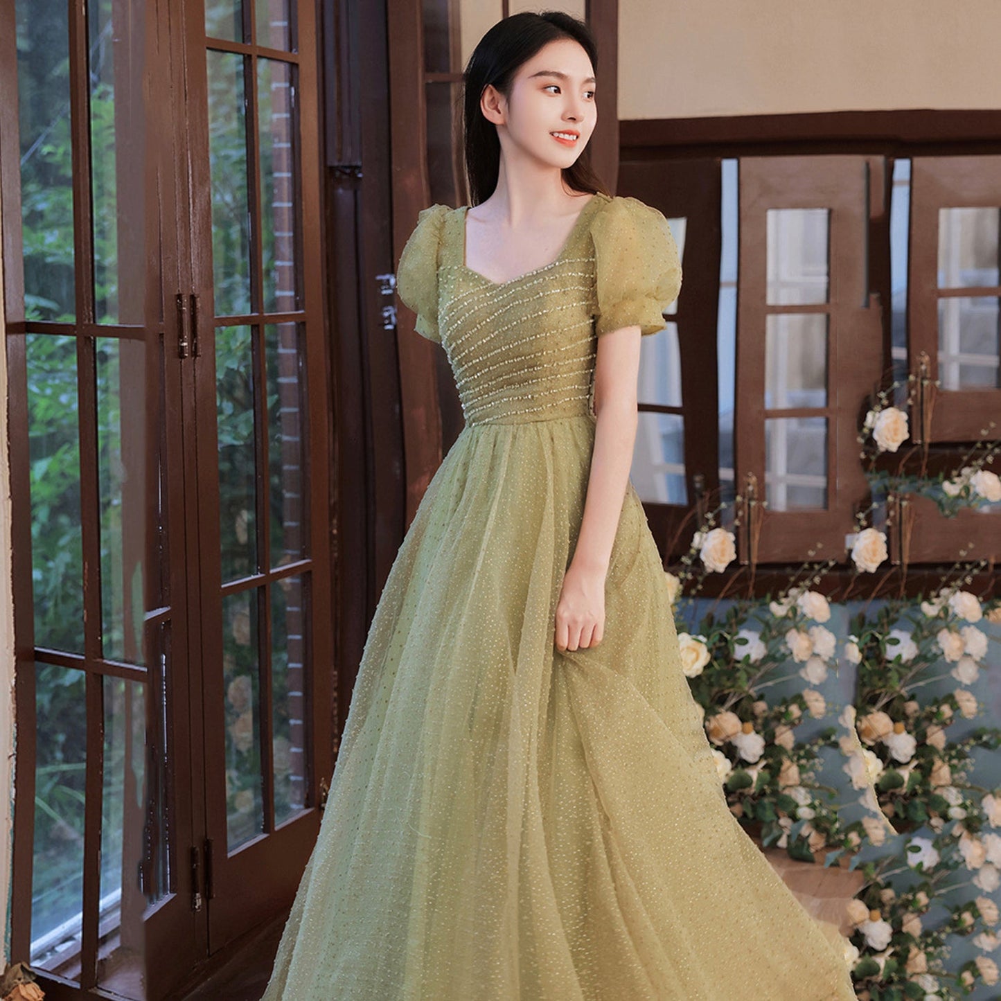 Green tulle beads long prom dress A line evening dress 8993