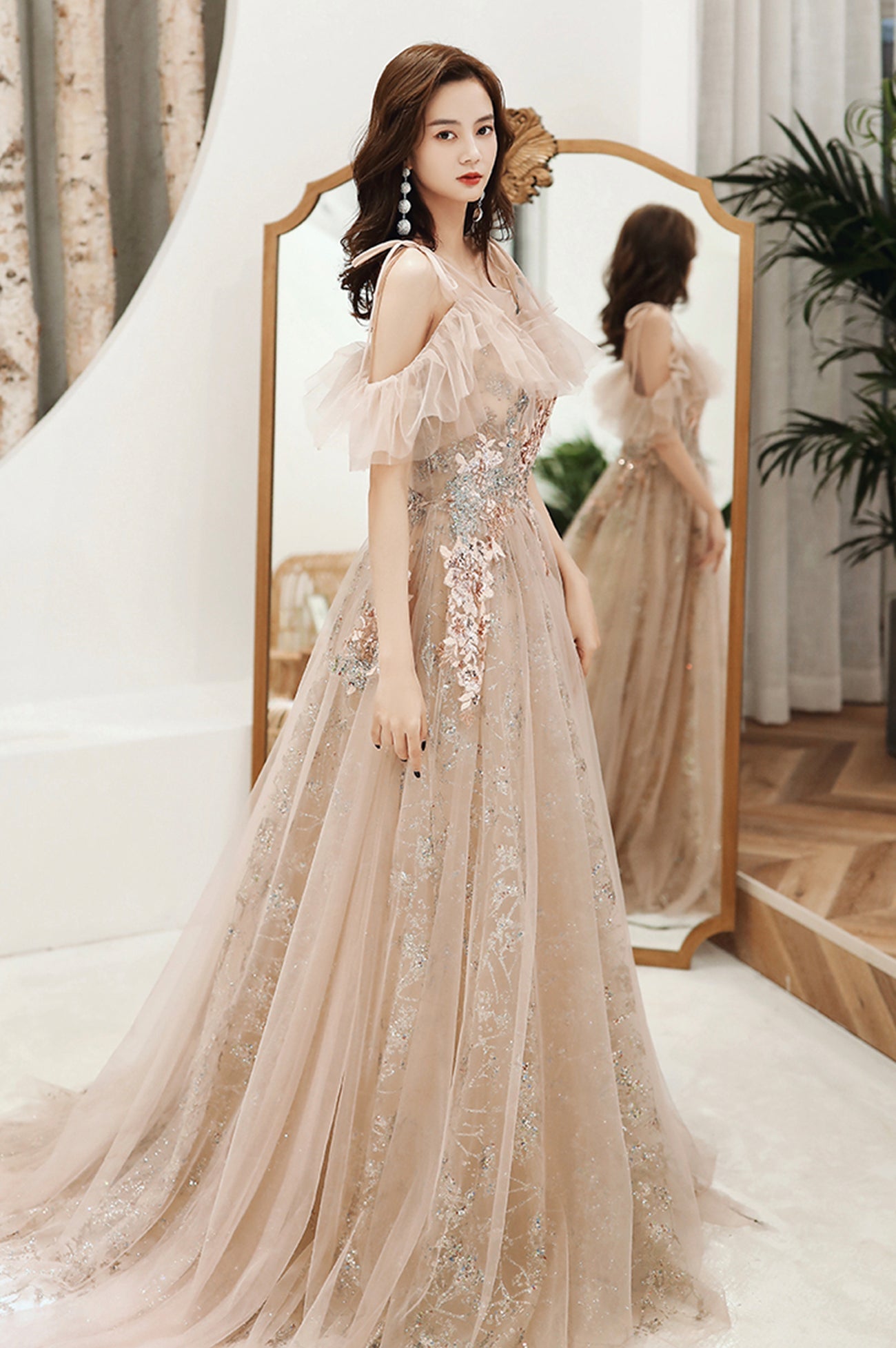 A-Line Tulle Off the Shoulder Prom Dress, Cute Evening Party Dress