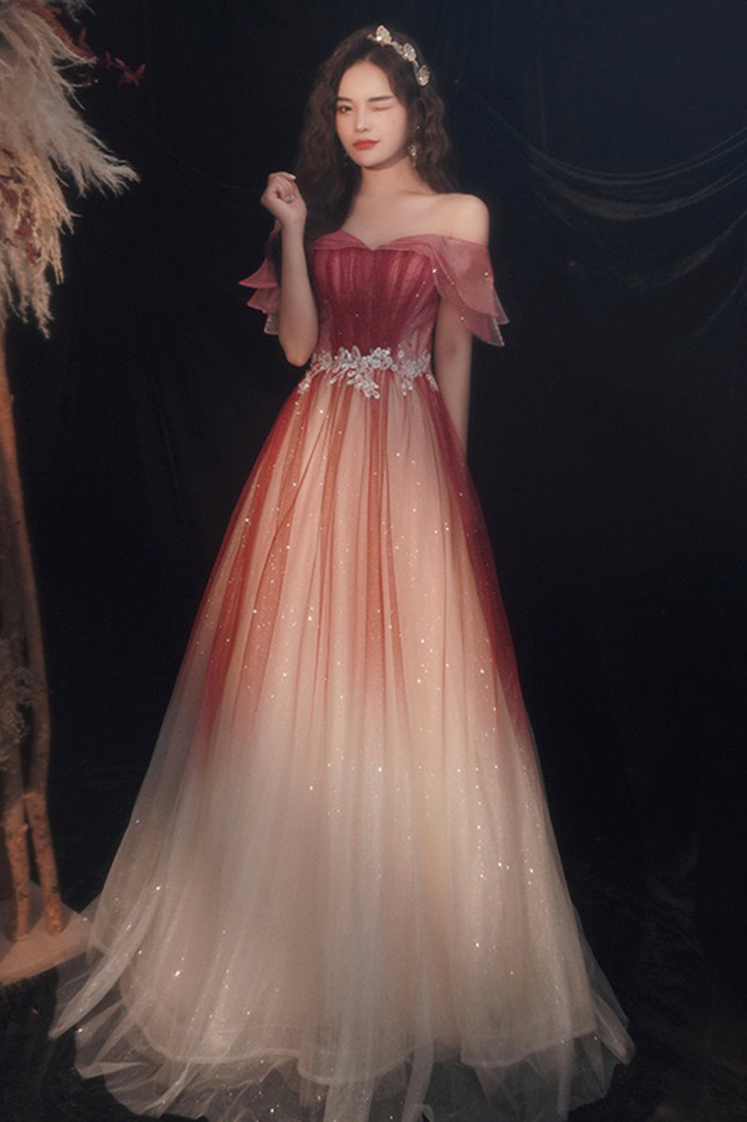 Burgundy Gradient Tulle Long A-Line Prom Dress, Off the Shoulder Evening Party Dress