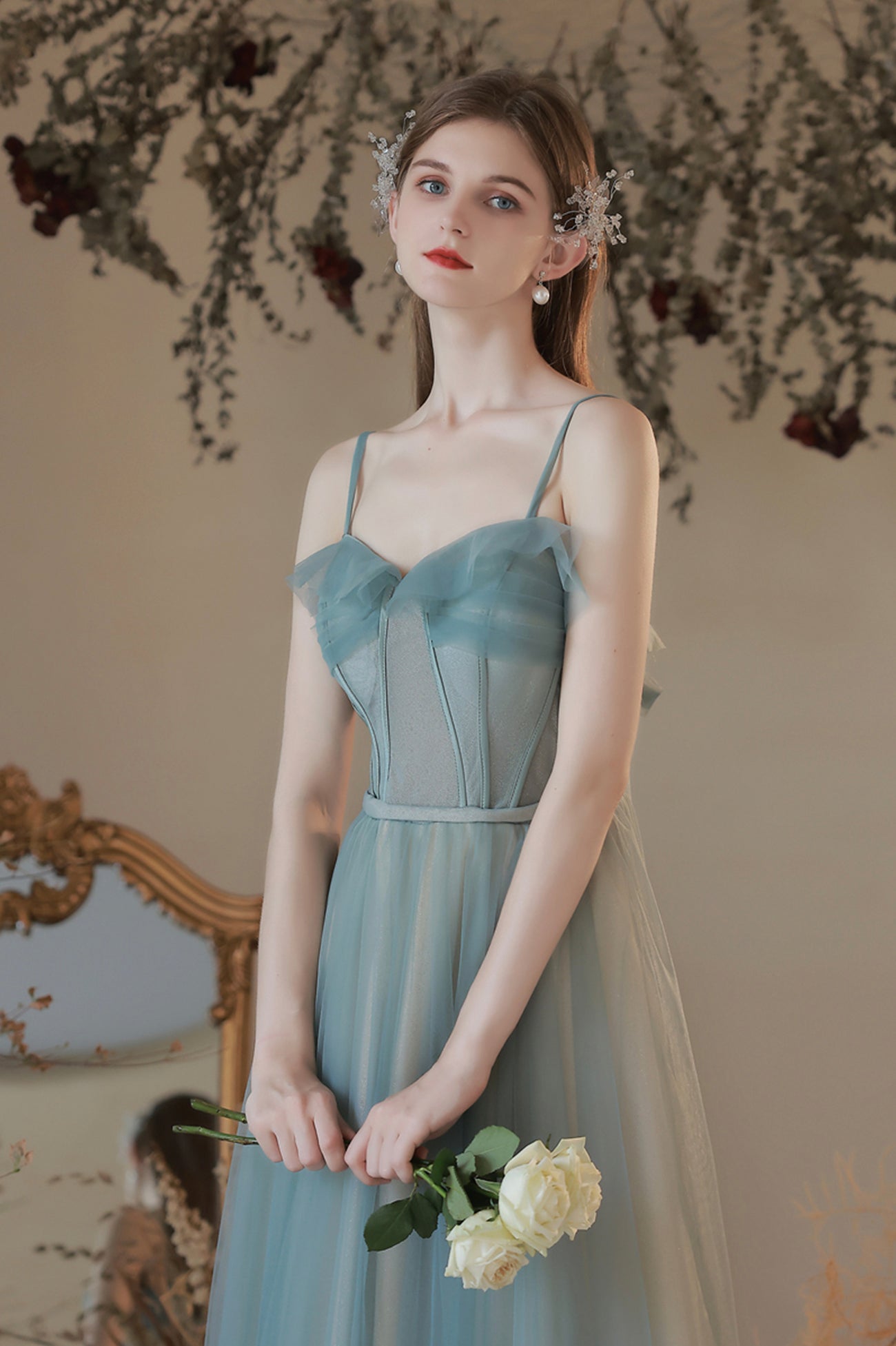 A-Line Tulle Long Prom Dress, Simple Spaghetti Strap Evening Dress