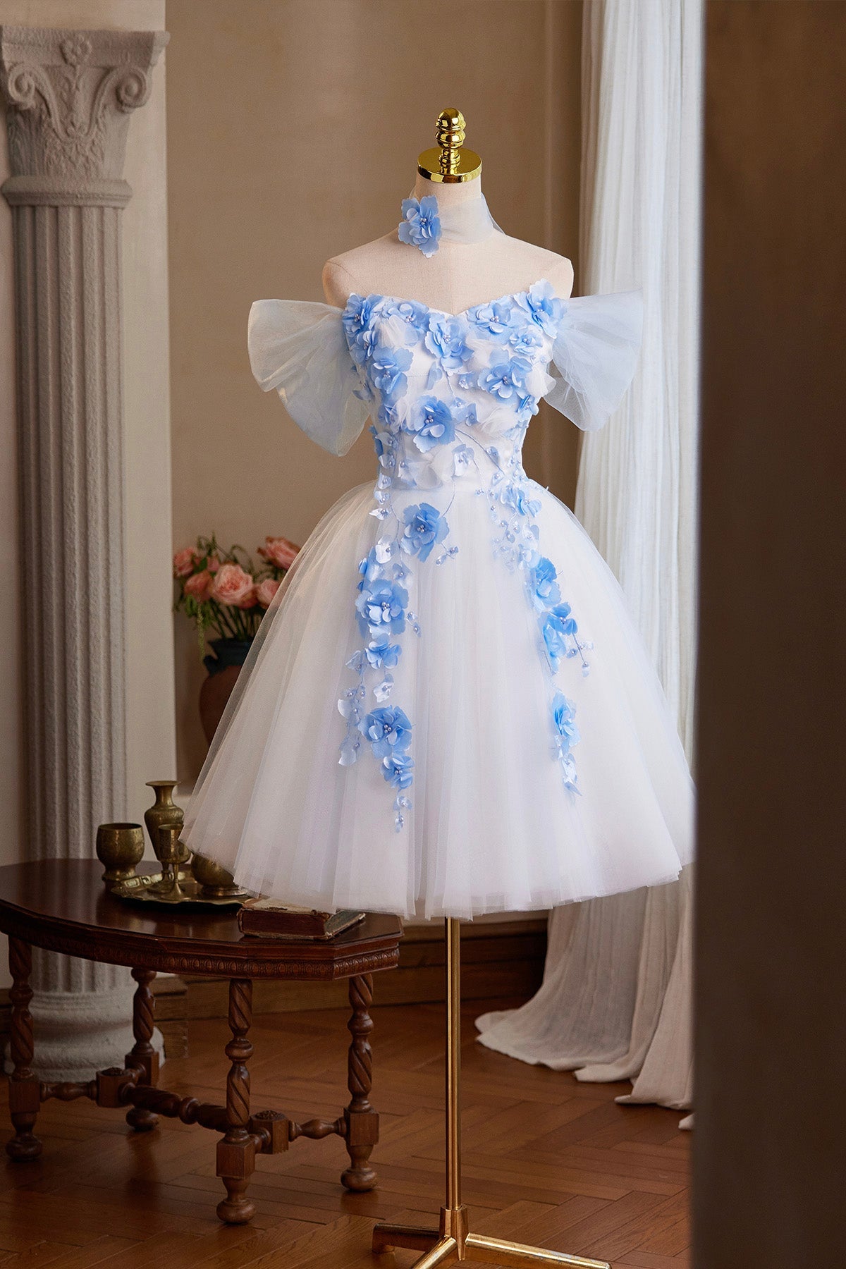 White Tulle and Blue Flowers Short Prom Dress, Cute A-Line Homecoming Party Dress