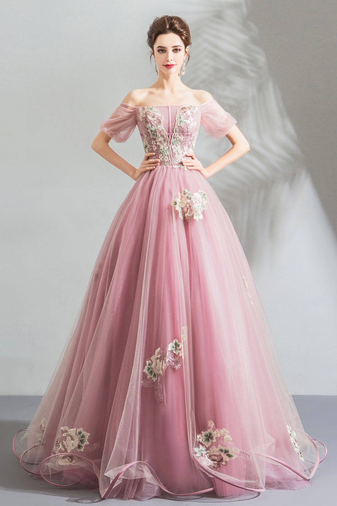 Pink Lace Long A-Line Prom Dress, Off the Shoulder Evening Party Dress