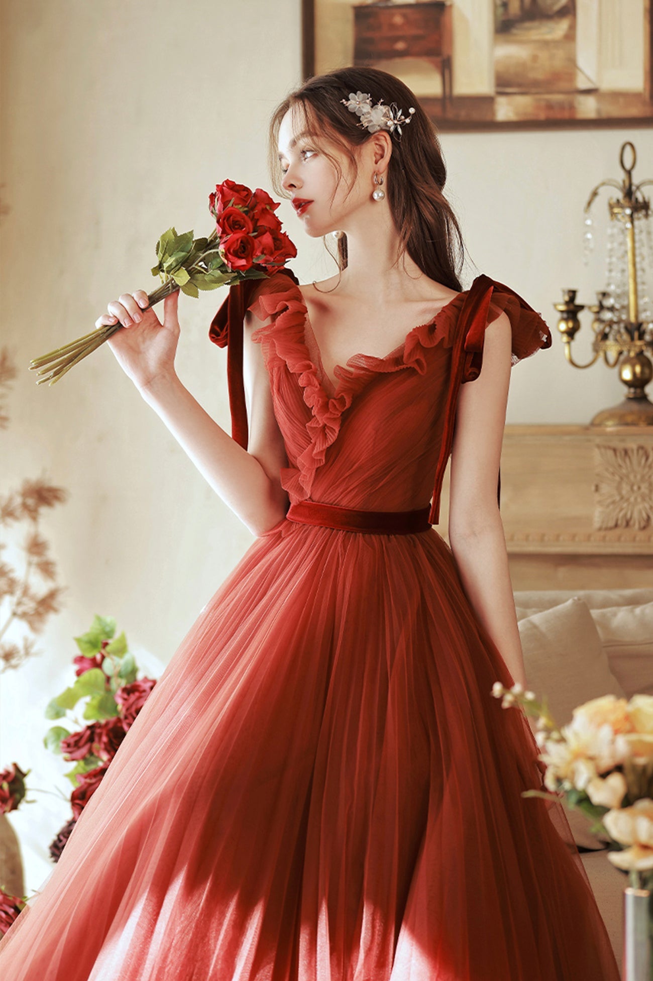 A-Line V-Neck Tulle Long Prom Dress