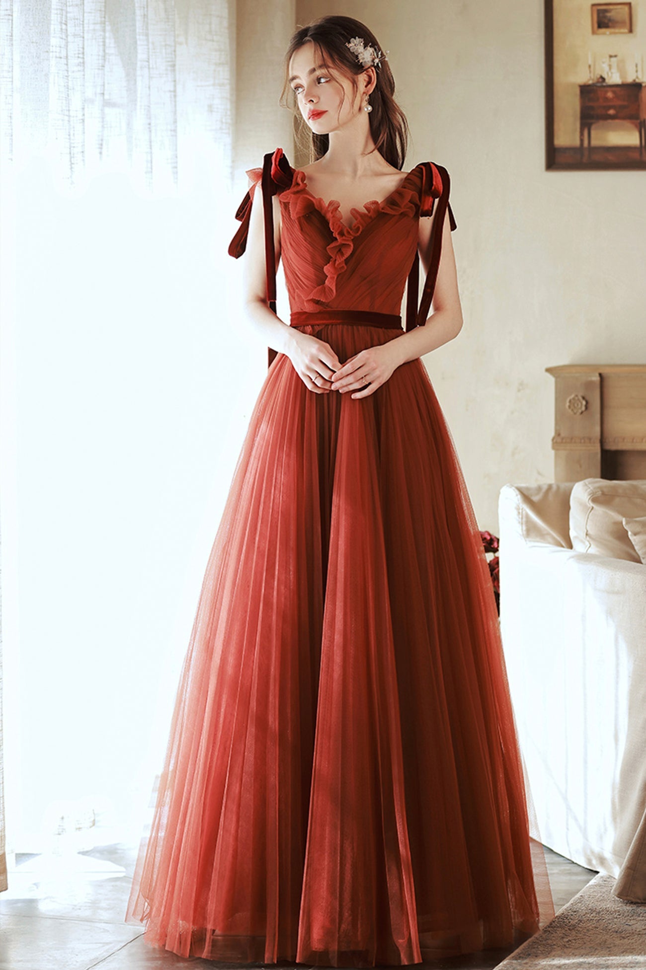 A-Line V-Neck Tulle Long Prom Dress