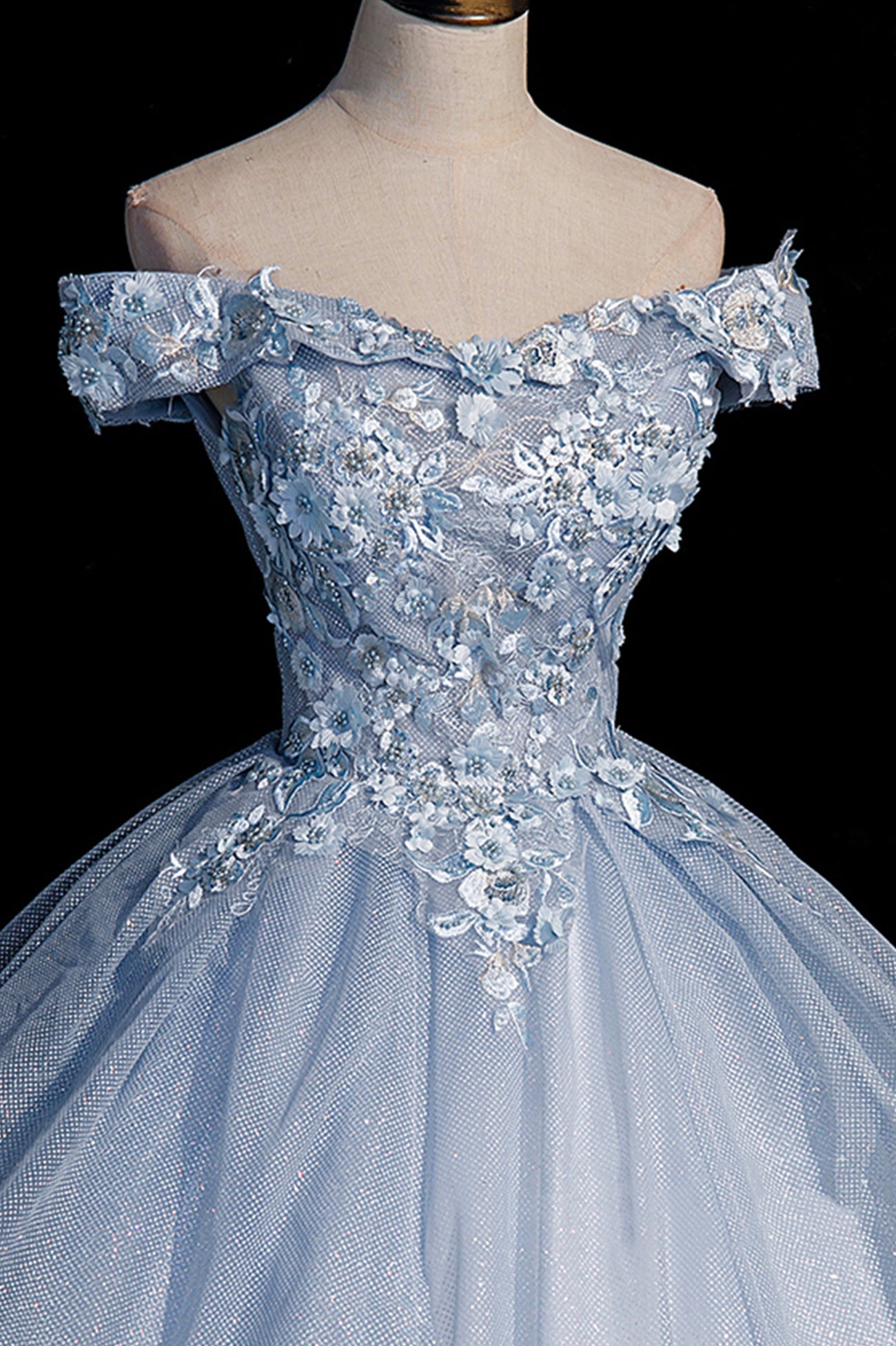 Beautiful Ball Gown Blue Tulle Lace Long Party Dress, Off the Shoulder Evening Dress
